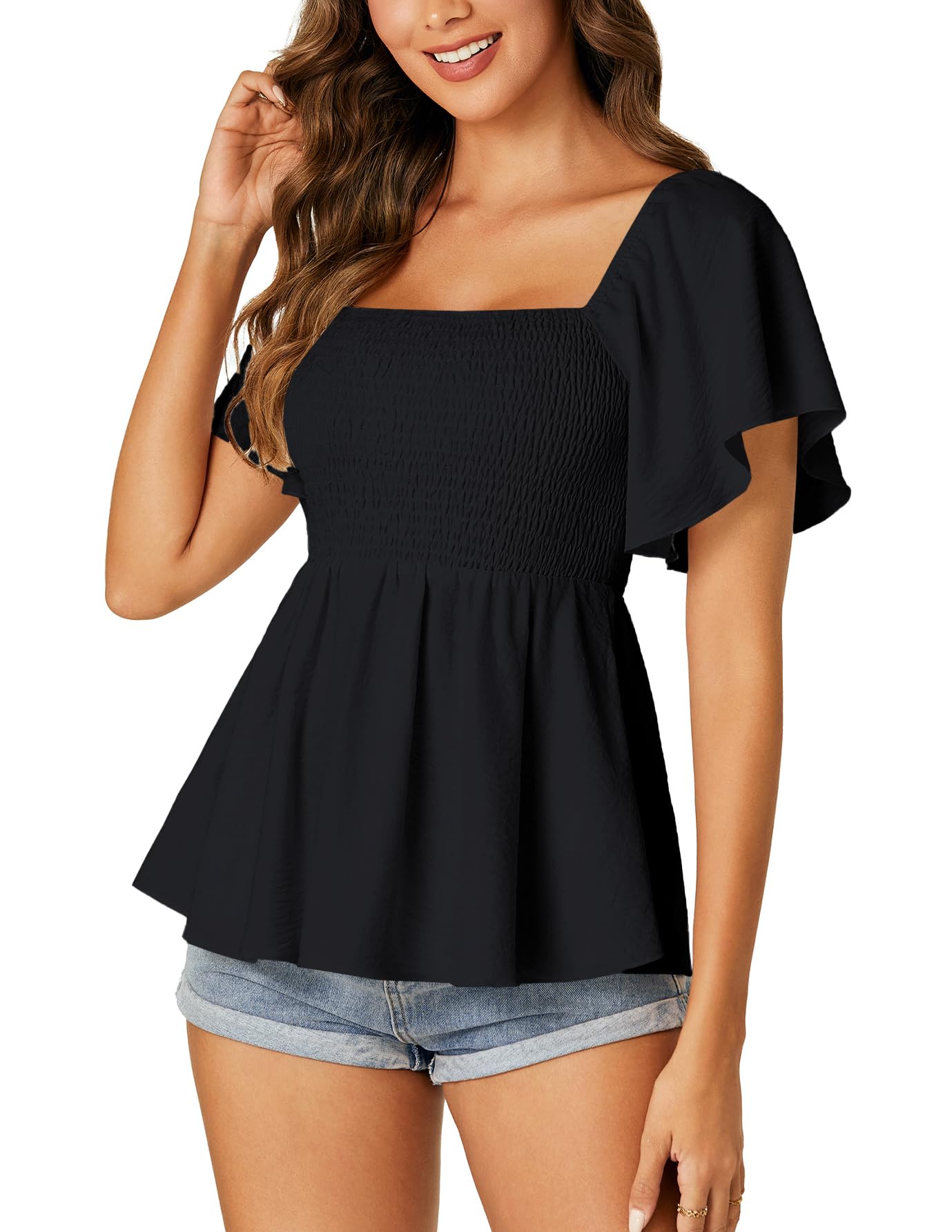 LYANER Camicetta Babydoll arricciata a maniche corte con volant e punto smock da donna con scollo quadrato