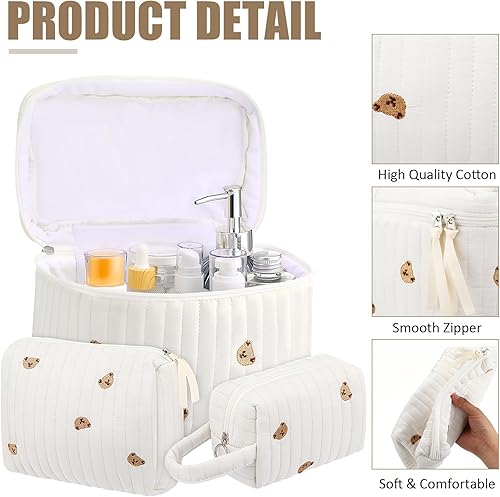 Miniatura 4 de Paterr Juego de 3 bolsas de maquillaje acolchadas de algodón, bolsa de cosméticos de coqueta, bolsas de aseo estéticas de viaje, linda bolsa Kawaii