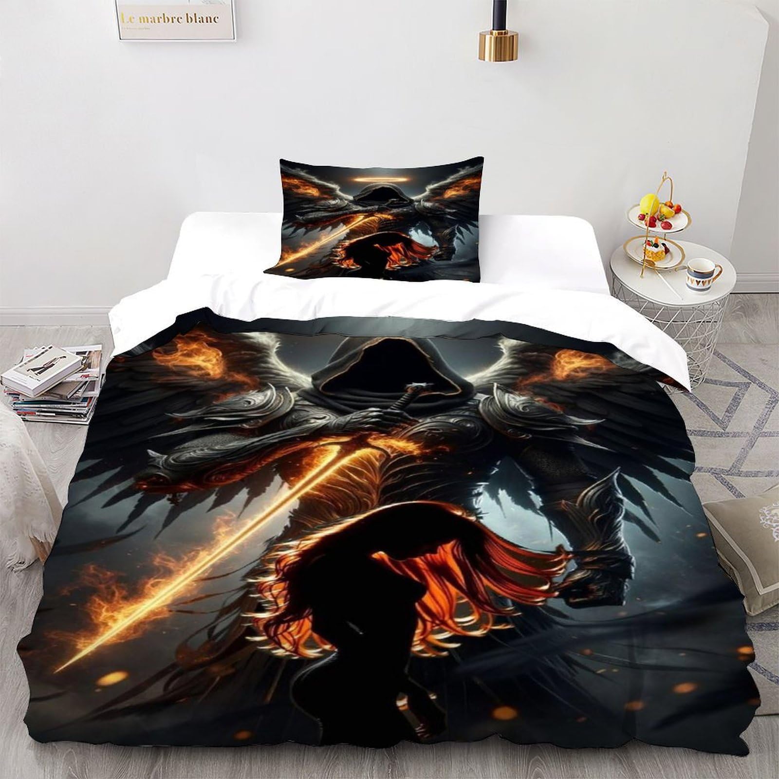 Flaming Reaper Bedding Set 3D Design Gothic Themes Duvet Cover Set Chic Breathable Quilt Cover 2 Pieces Universal for All Seasons Pillowcase Single（135x200cm）