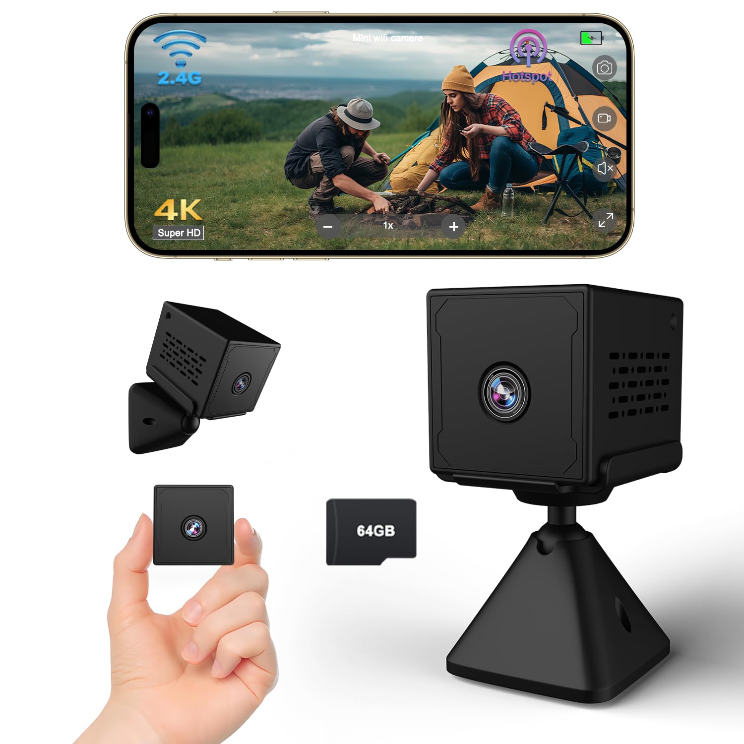 Camera Espion, 4K FHD Mini Camera Espion sans Fil avec Carte Mémoire de 64 Go, WiFI/Sans WiFI Camera de Surveillance Interieur/Extérieur, 2000mAh Batterie, Vision Nocturne, Détection Mouvement(Noir)