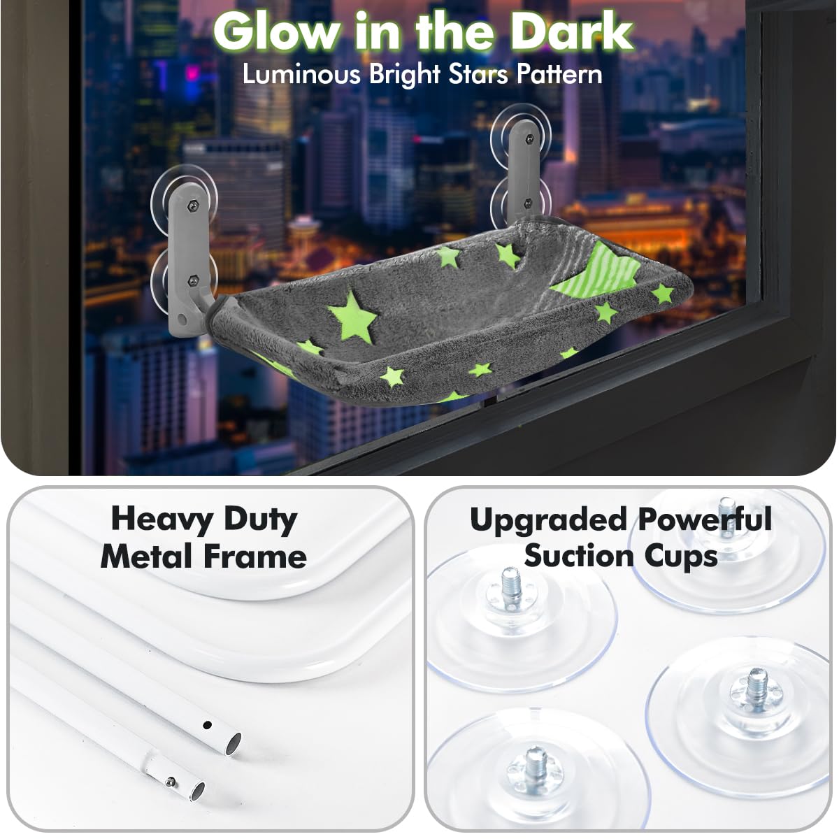 Zoratoo Percha para Ventana de Gato, Que Brilla en la Oscuridad, Hamaca Plegable inalámbrica para Ventana con Marco de Metal Resistente, patrón de Estrellas Brillantes, Asiento de Descanso para Gatos