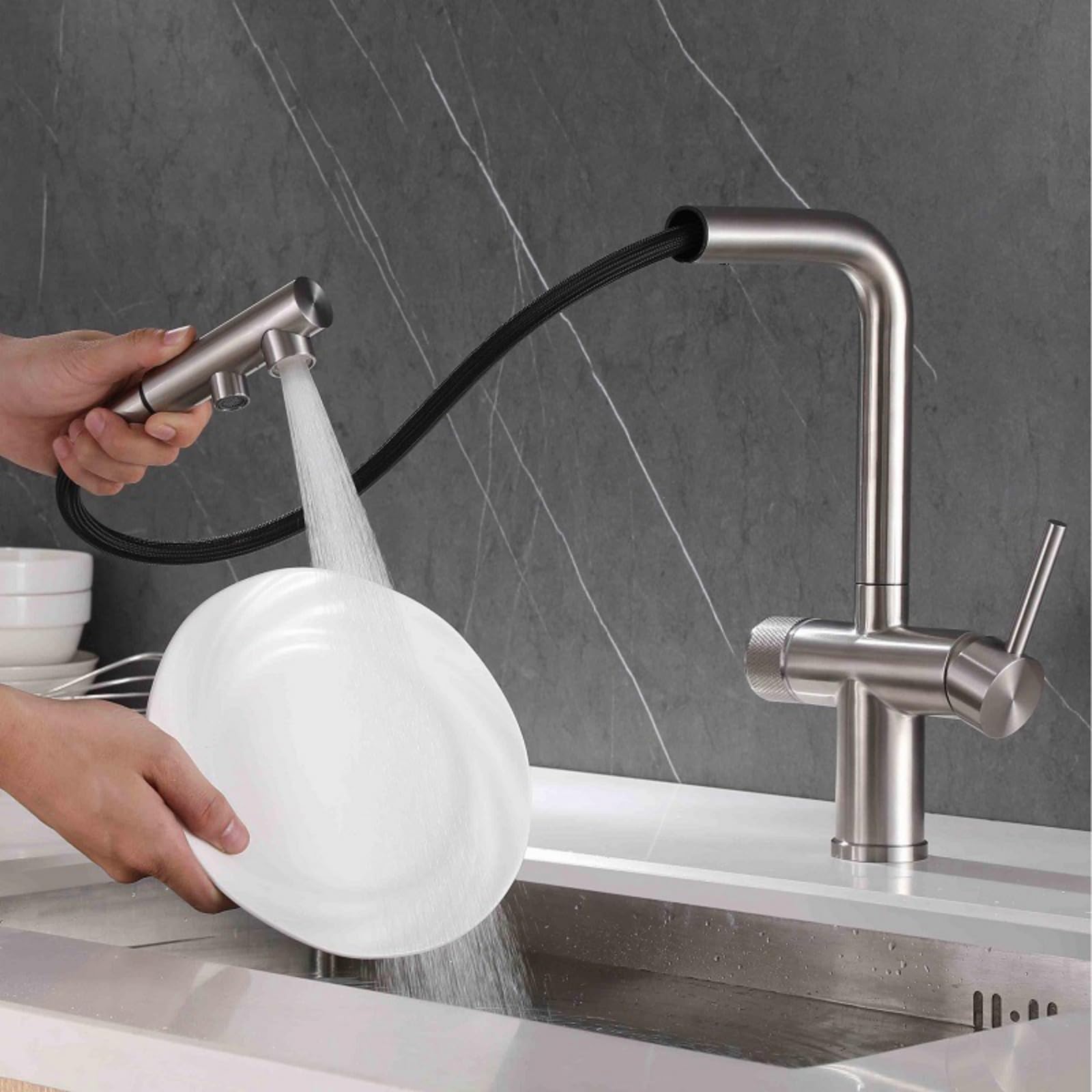 Grifo Osmosis Extraible Grifo Cocina Acero Inoxidable con 2 Salidas Grifo de Cocina Fregadero con Osmosis Mezclador Agua Fría y Caliente