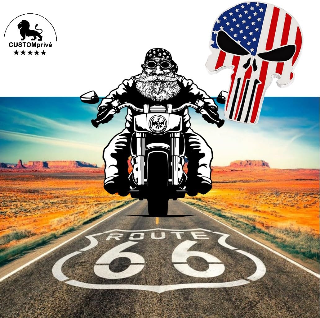 Pin's Broche épinglette Skull punisher drapeau USA flag Biker Triker motard. Livré dans son étui cadeau en velours. Multicolore