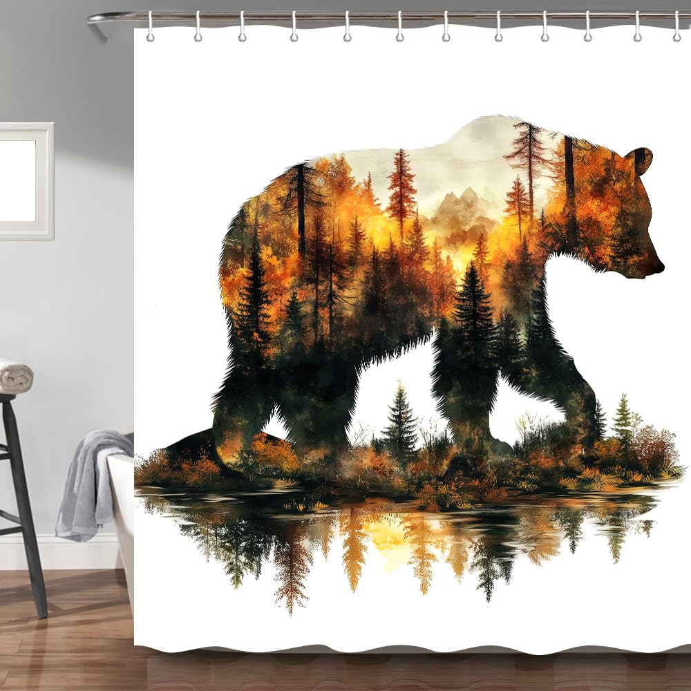 Hajmsug Rustic Bear Shower Curtain Country Wild Animals Forest Bath Curtain Set Mountain Woodland Nature Bear Shower Curtain Rustic with 12 Hooks