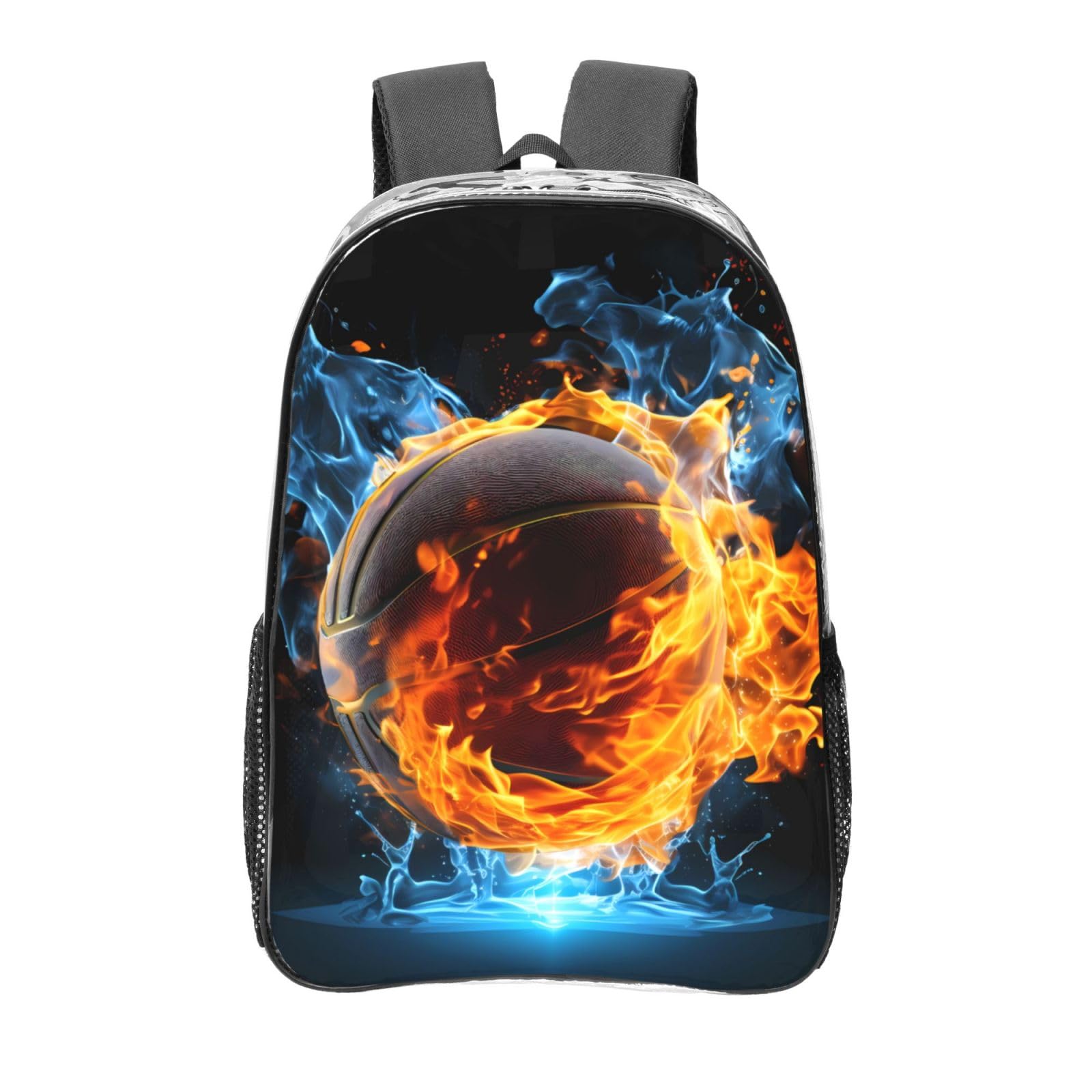 AYCZN Fire And Water Basketball Clear Backpack Heavy Duty PVC Transparent Backpacks for Stadium Events Sport Clear Bag for Women Men