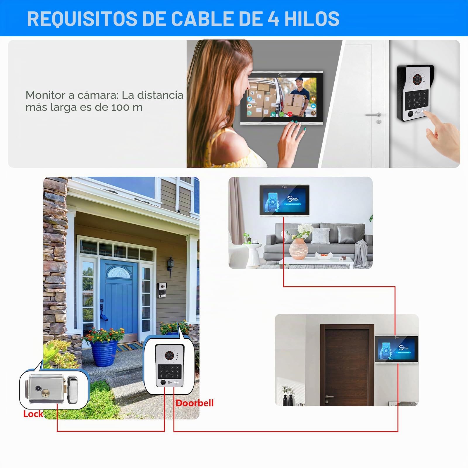 Videoportero con cable Sistema de intercomunicación de apartamentos,Monitor táctil de 10 pulgadas,Cámara HD 1080P Timbre,Huella dactilar,Tarjeta RFID,Desbloqueo por contrase (1 Timbre+3 Monitor)