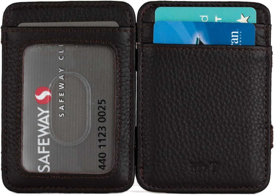 MAGIC TALE Men's Genuine Cow Leather Slim Magic Wallet with ID window,Brown