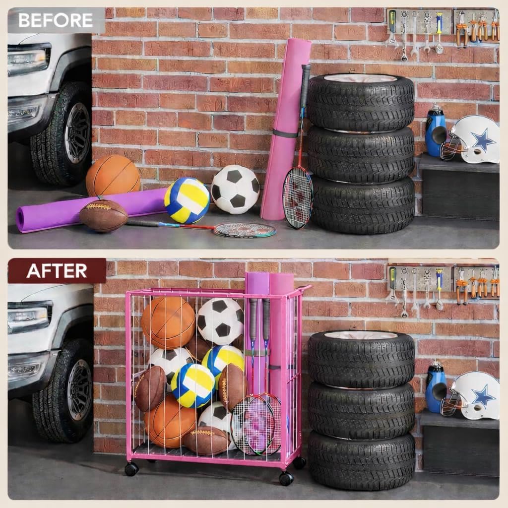 56267 Ball Storage Bin Rolling Sports Ball Cart, Metal Garage Organizer Sport Rack, Ball Basket Storage, Ball Cage for Garage or Gym, Indoor & Outdoor Sports Equipment Organizer - Pink