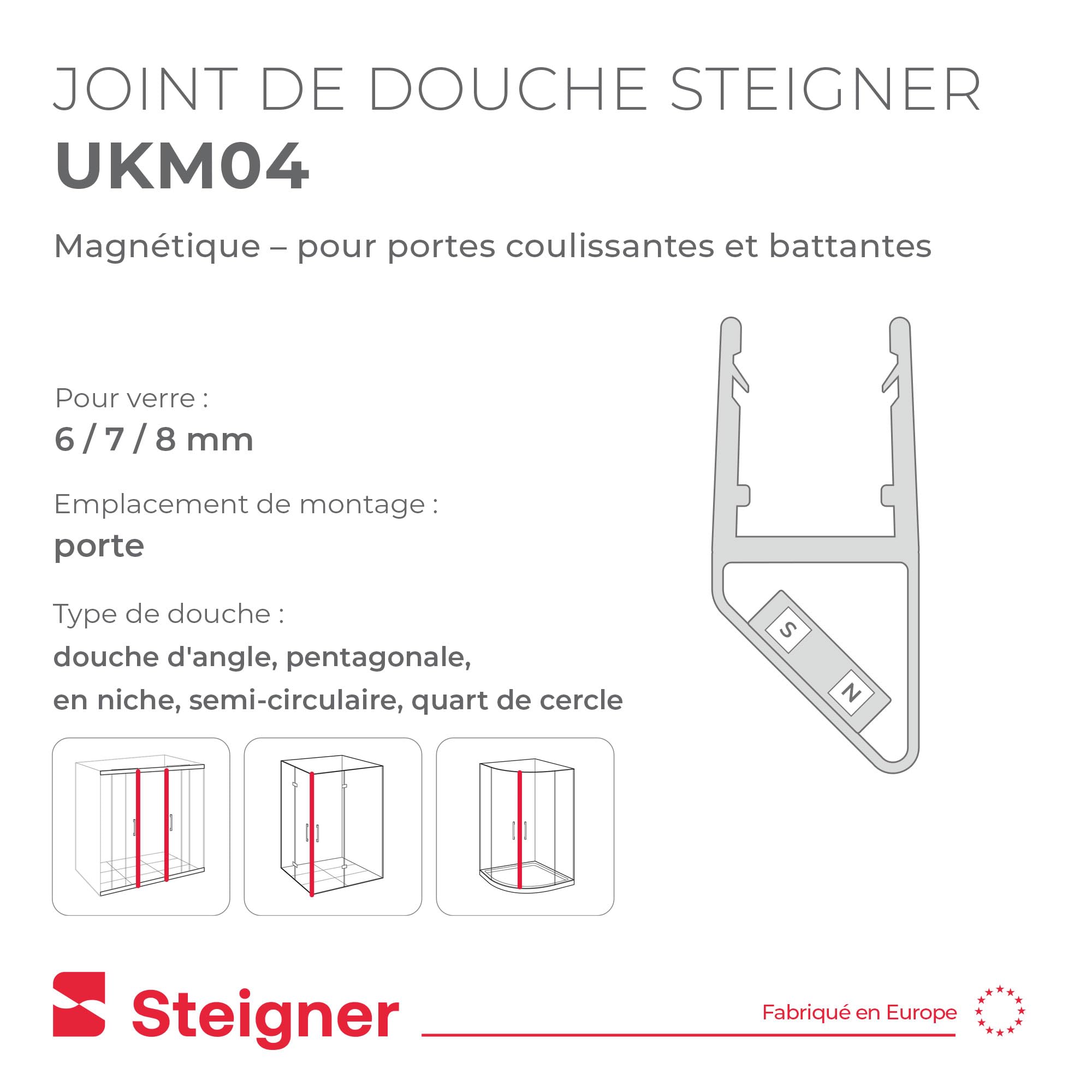 STEIGNER Joint magnetique douche UKM04 185 cm (1 pc.) - Joint porte de douche d’angle, pentagonale, arrondie, en niche ou quart de cercle avec porte 6-8 mm - Étanchéité, Protection contre les fuites