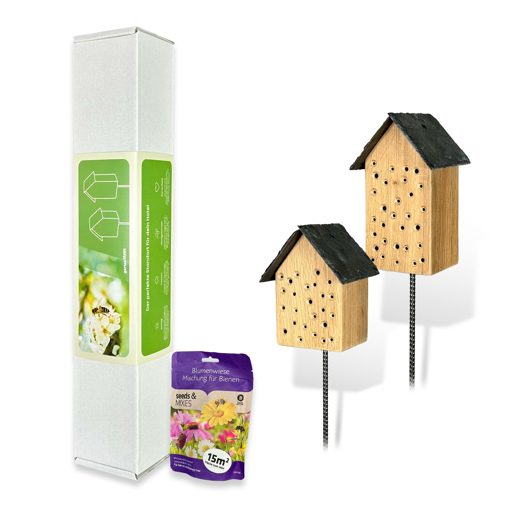 GARTENETAGE Geschenkset Bienenoase – Wildbienenhotel aus Eichenholz mit Schieferdach & Blumenwiese Mischung – Perfekt für Garten & Balkon – Nachhaltige Nisthilfe für Bienen & Bestäuber