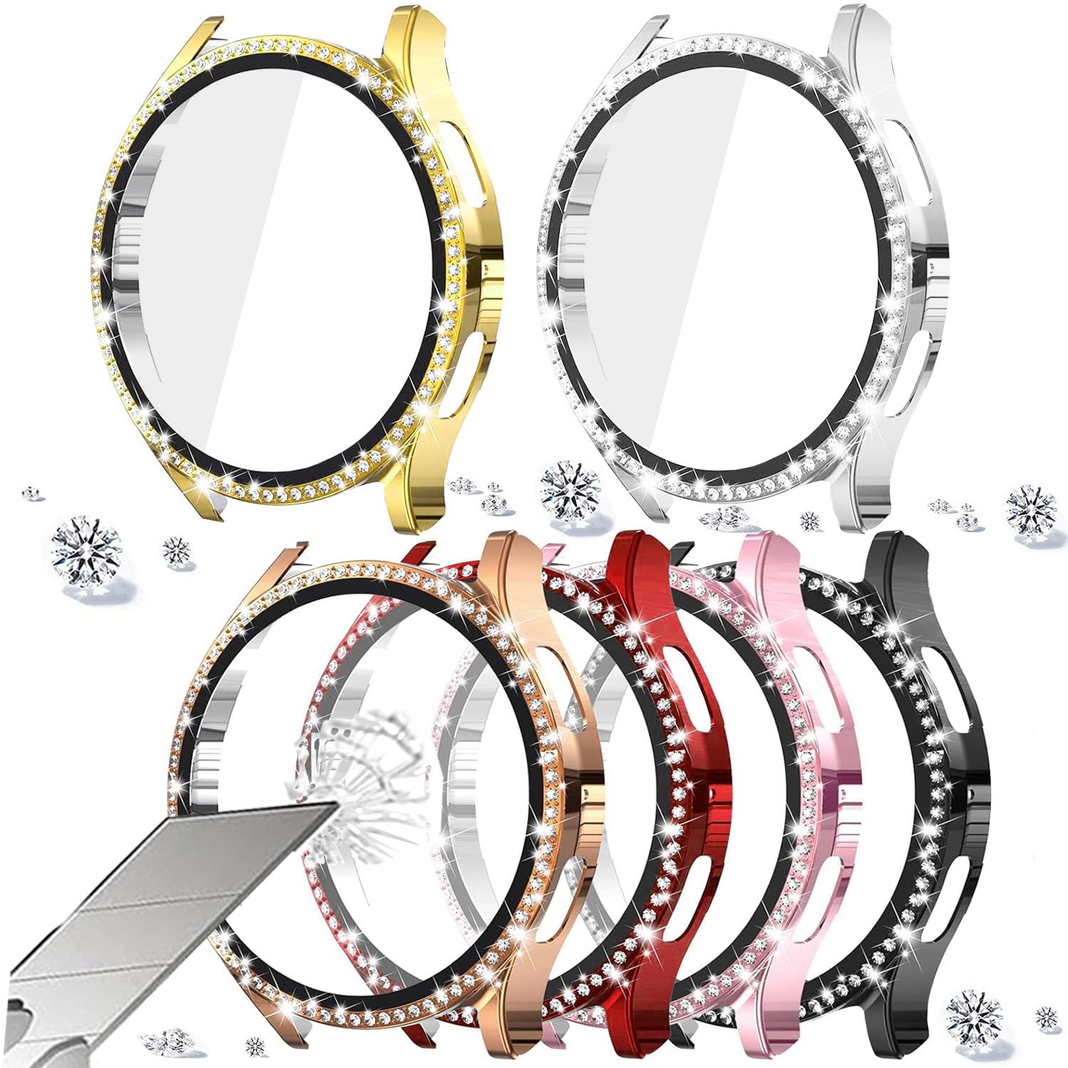 DEALELE [2-PACK] Case Compatible with Samsung Galaxy Watch 5/4 44mm, Bling Single-Row Diamond PC Protective Case Replacement Watch Cover Bumper (44mm, Gold+Transparent) — view 264