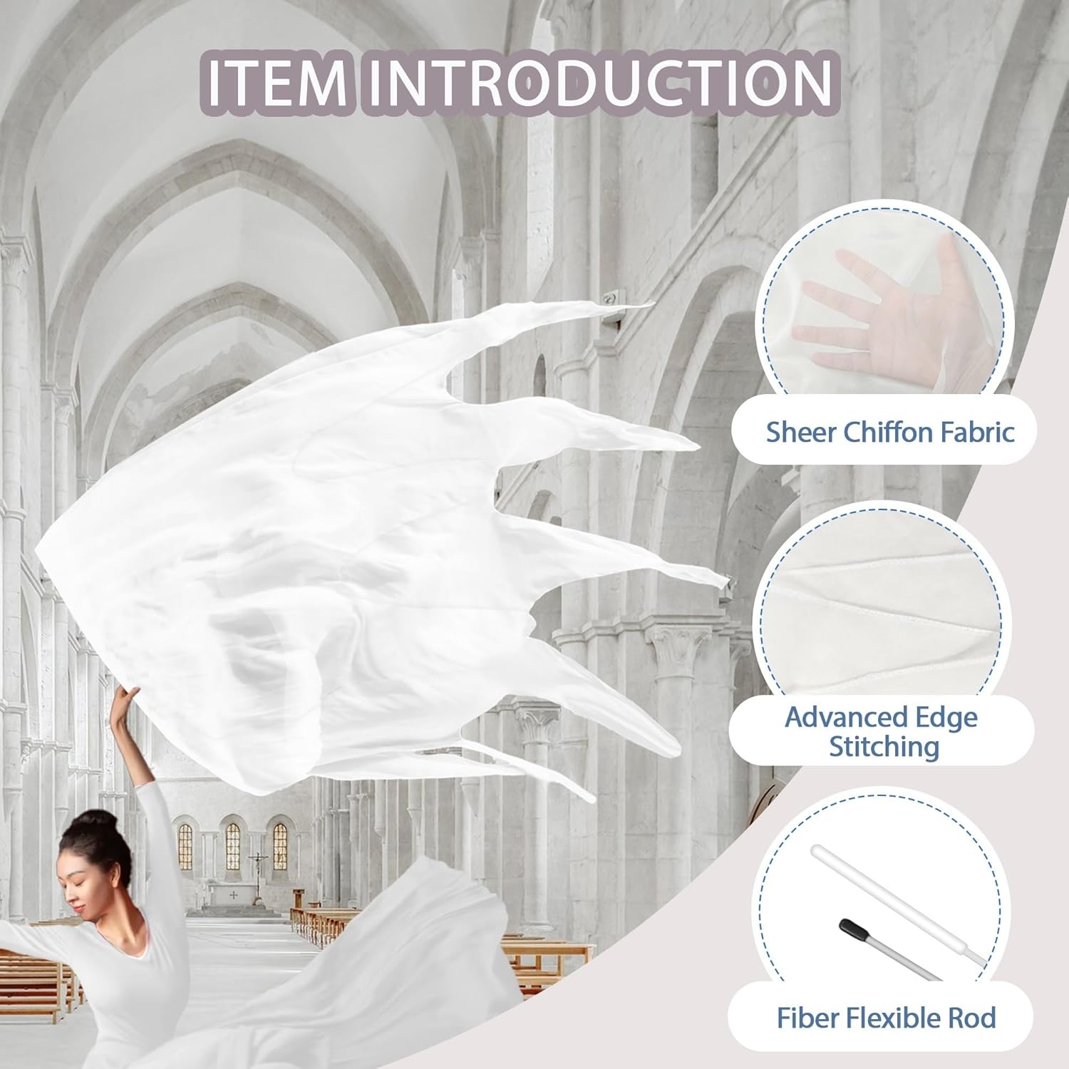Baisdan 59'' Double Layered Worship Flags for Dance Church, Praise Dance Flags for Worship, Praise Flag with Flexible Rod and Storage Bag, Set of 2, White