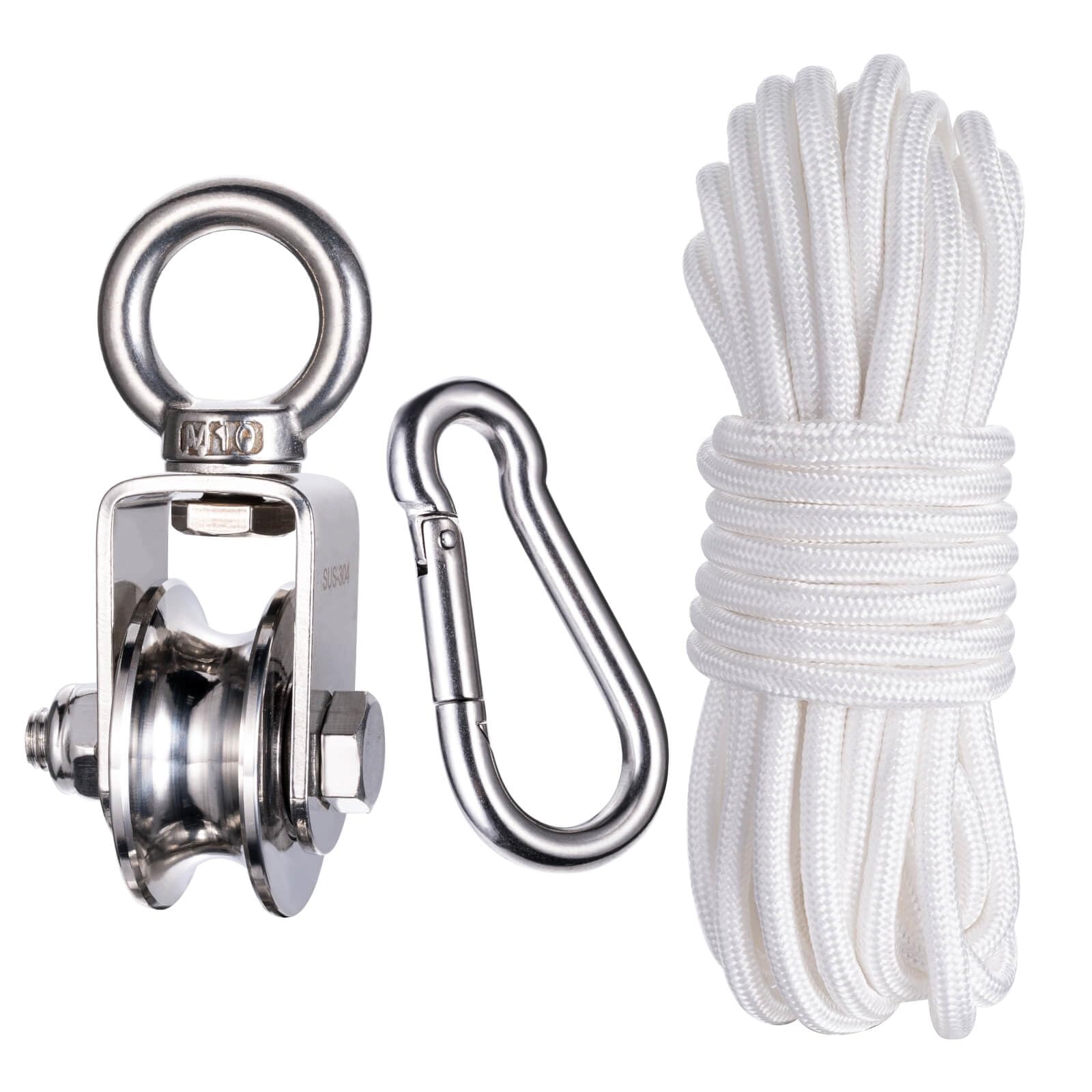 SHINICO Cable Pulley Block Heavy Duty Stainless Steel, Bearing Inside with 32ft(10m) 0.31in(8mm) Nylon Rope, Swivel Single Pulley Wheel,Good for Pulley Lifing System, Gym Equipment Workout, 1Pack
