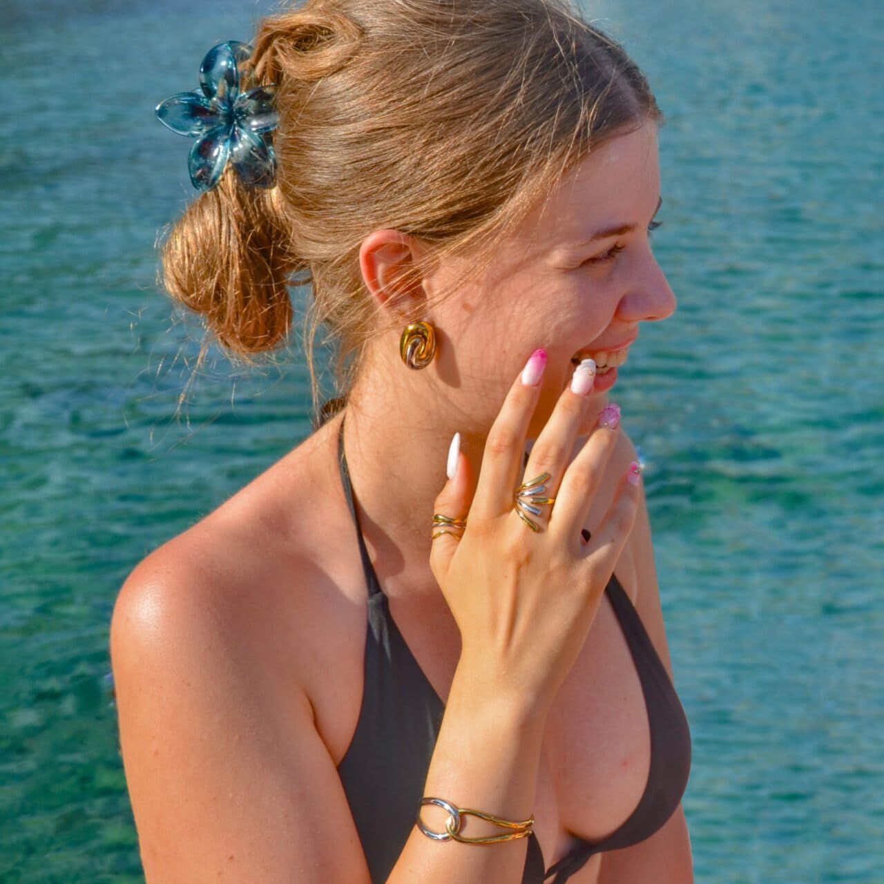 Chunky Thumb Rings For Women, Two Tone Minimalist Hollow Wavy Curve Geometry Adjustable Non Tarnish Stainless Steel Jewelry Gift - Image 2