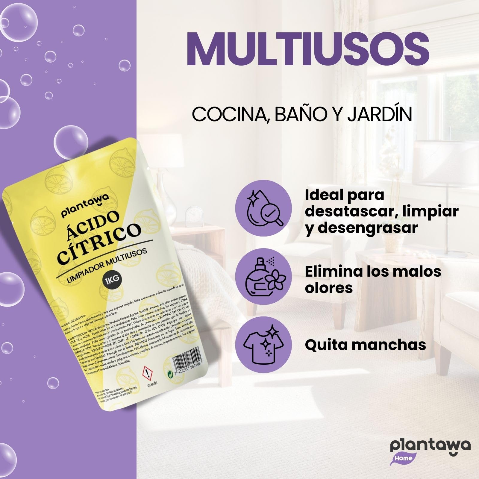 PLANTAWA Ácido Cítrico en Polvo 1 Kg Limpiador Multiusos Puro