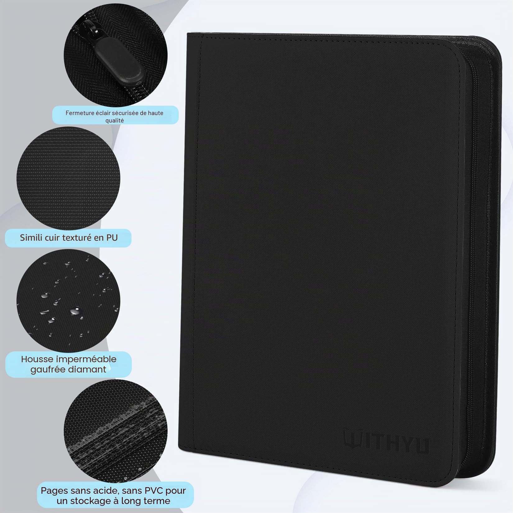 WITHYU Album de Collection de 12 Pochettes pour Cartes, Capacité de 720 Cartes, Étanche, avec Fermeture Éclair, pour TCG, Football et Cartes à Collectionner, Portable (Noir)