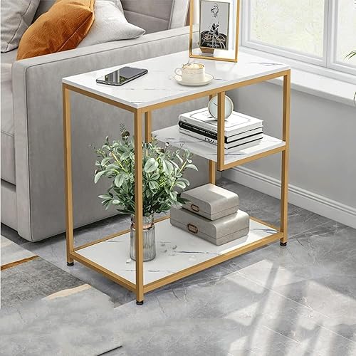 Miniatura 2 de Mesa Auxiliar Rectangular Marbling Side Table Light Luxury Sofa End Table Slim Accent Coffee Table wMetal e for Small Spaces Living Room Bedroom