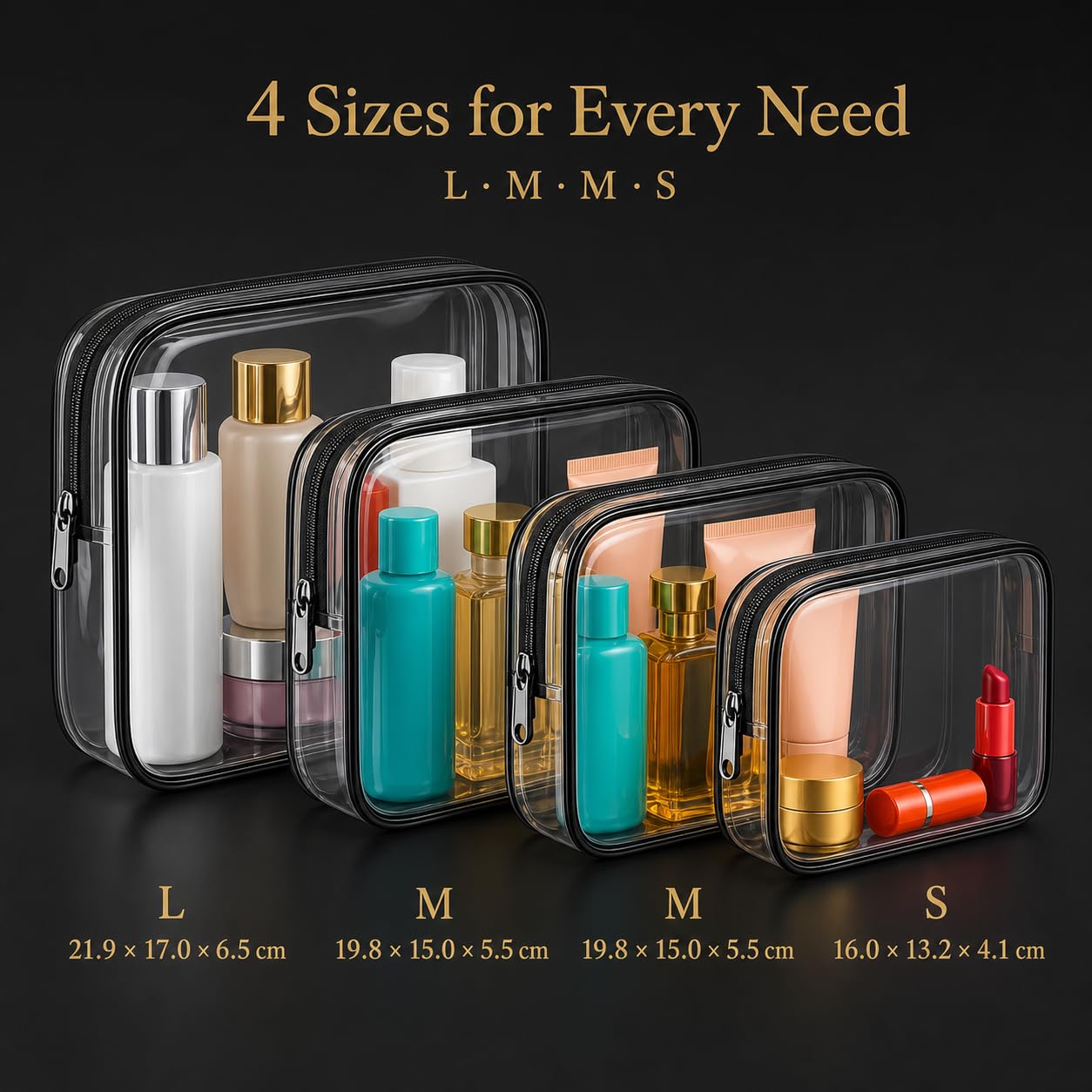 4 bolsas transparentes de viaje, bolsas de aseo impermeables aprobadas por la TSAA, bolsas de maquillaje transparentes de PVC, artículos esenciales de viaje
