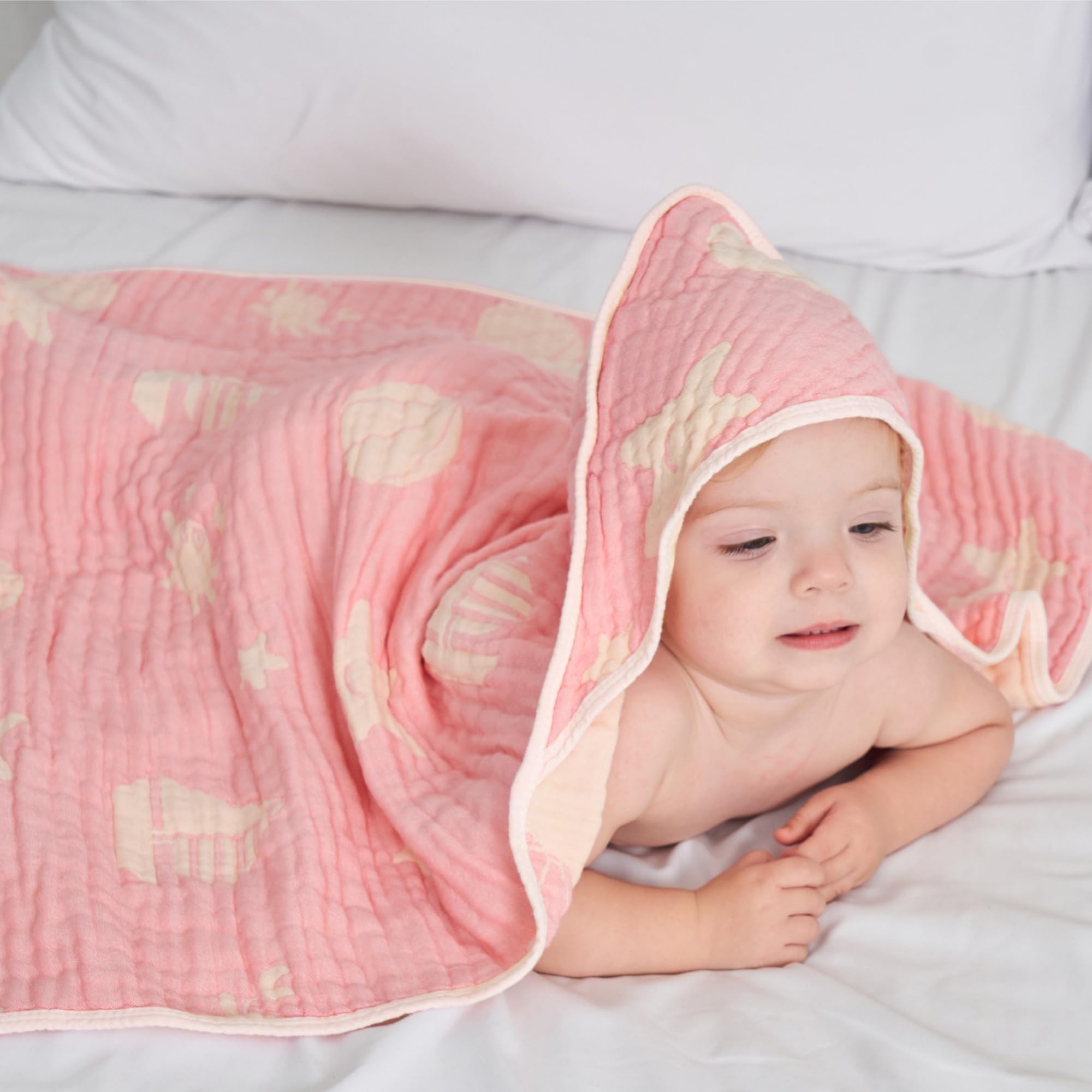 Glattol HardNok Bamboo Muslin Baby Towel Hooded,32 x 32 Inches Silk Soft and Comfortable 6 Layer Large Bath Towel for Boys,Girls(Ocean Pink)……