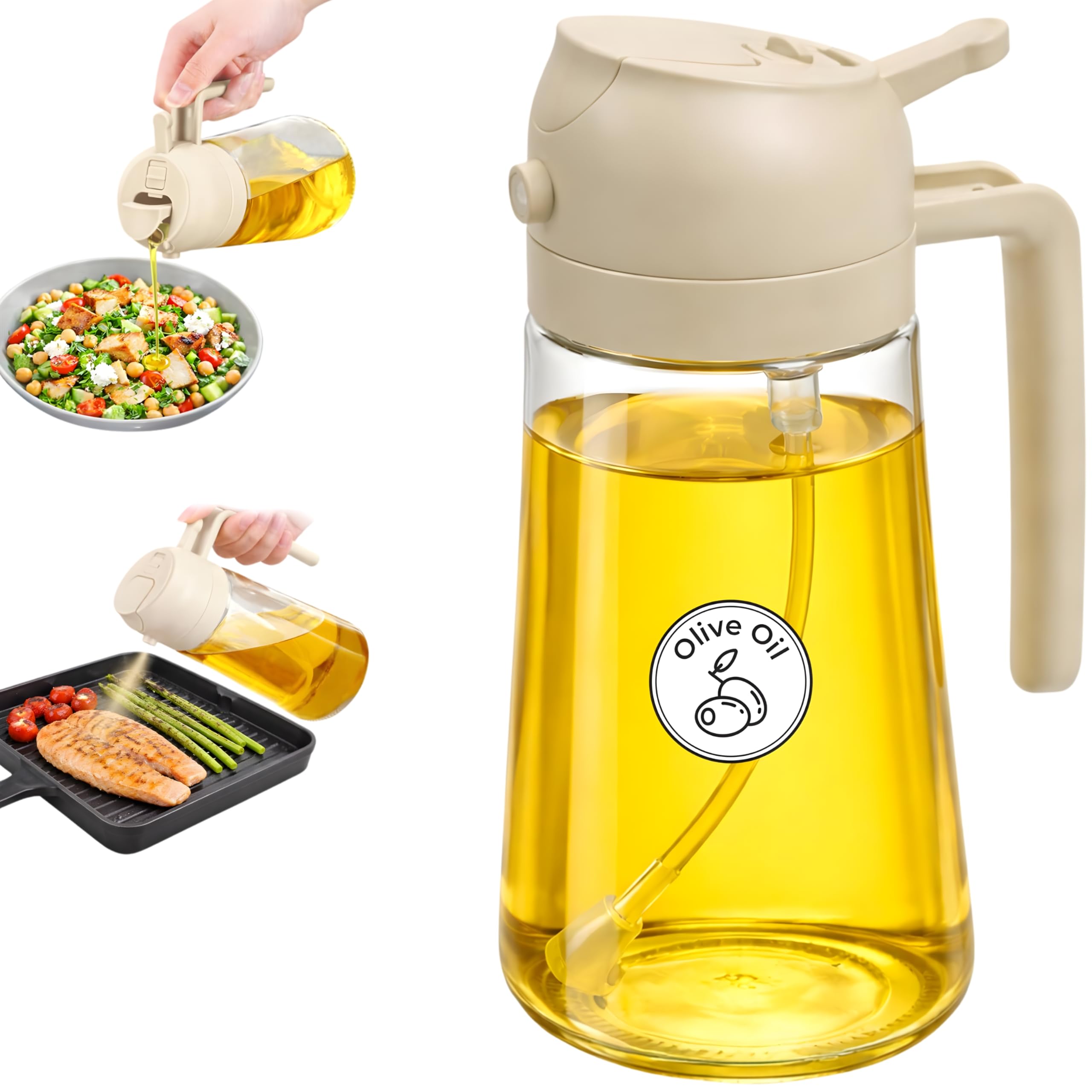 Innoteck 2 in 1 Oil Dispenser & Oil Sprayer Bottle 470ml/16oz – Olive Oil Bottle Dispenser with Fine Mist Spray & Pour Control – Refillable Glass Oil Spray Bottle for Cooking, Air Fryer (Beige)