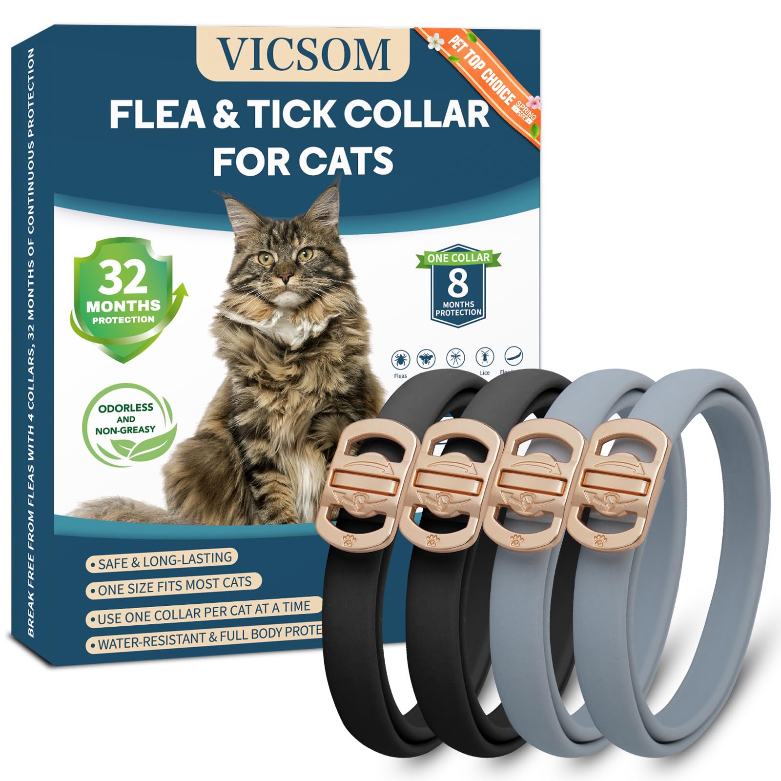 Flea and Tick Collar for Cats - 4 Pack, 32 Month Protection Treatment, Waterproof, Natural Prevention, Adjustable for Cats & Kittens (Black Grey)