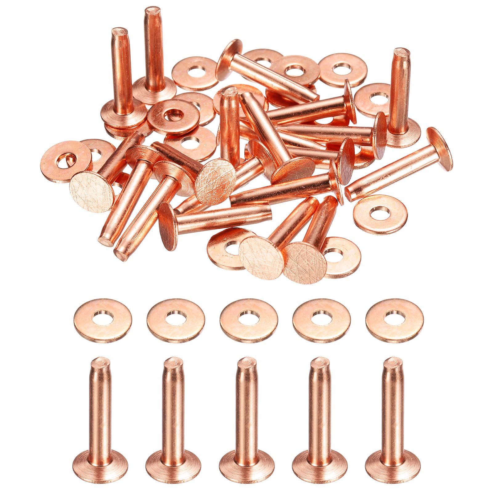 sourcing map 20Set Copper Rivets and Burrs Washers 9x3.3x19mm Dimpled Finish Copper Solid Leather Rivet Fastener Studs Posts for Leather DIY Craft Belts Wallets Collars, Rose Red Red