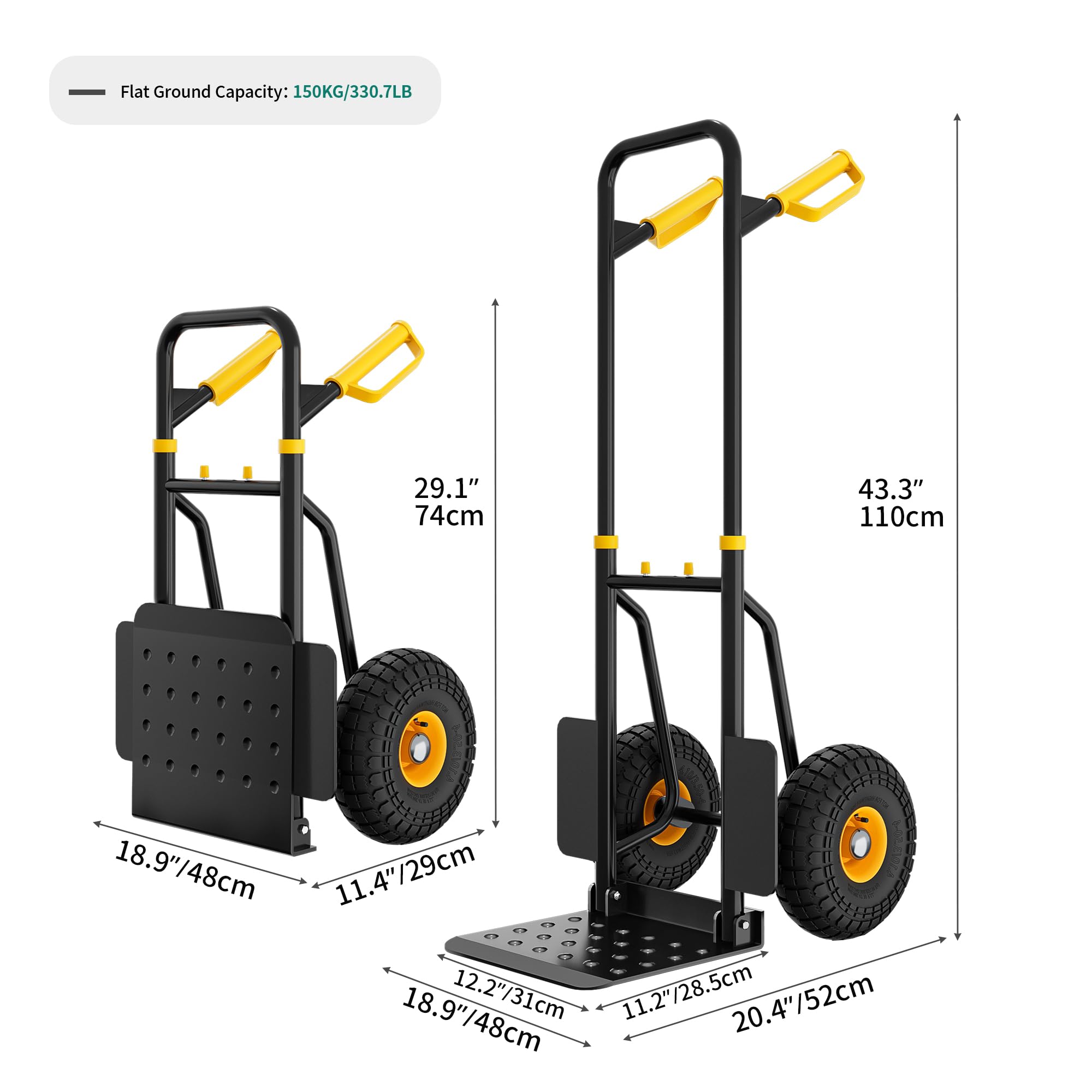 YITAHOME Carro de mano plegable con 2 ruedas industriales grandes, camión de saco resistente de altura ajustable con ruedas silenciosas de alto agarre, capacidad de 150 kg, incluye 2 cuerdas elásticas