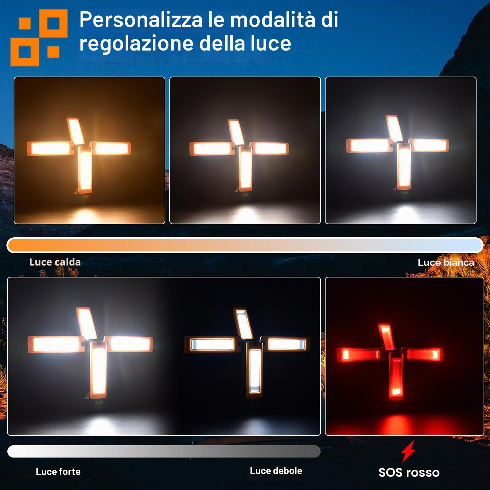 Faretto Led Solare Ricaricabile con Supporto e Borsa Per il Trasporto, Batteria 13200 mAh, 8000 Lumen, Dimmerabile Continuamente Luci da Lavoro, Bianco/Caldo/Bianco Naturale/Rosso (SOS)