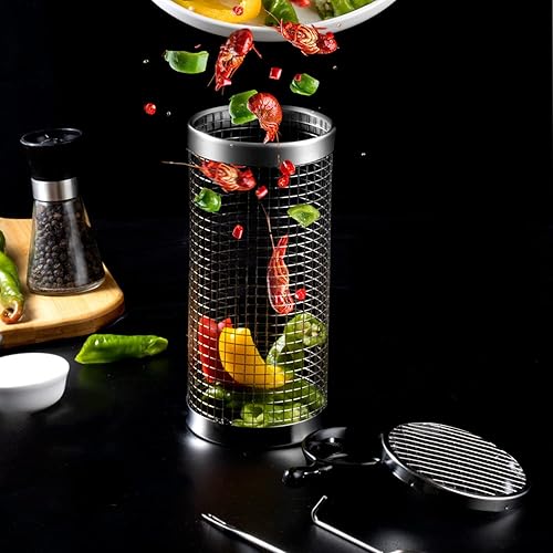Miniatura 5 de Cesta de parrilla para barbacoa, canasta cilíndrica, canasta portátil para barbacoa al aire libre, para verduras, pescado y papas fritas, camping,