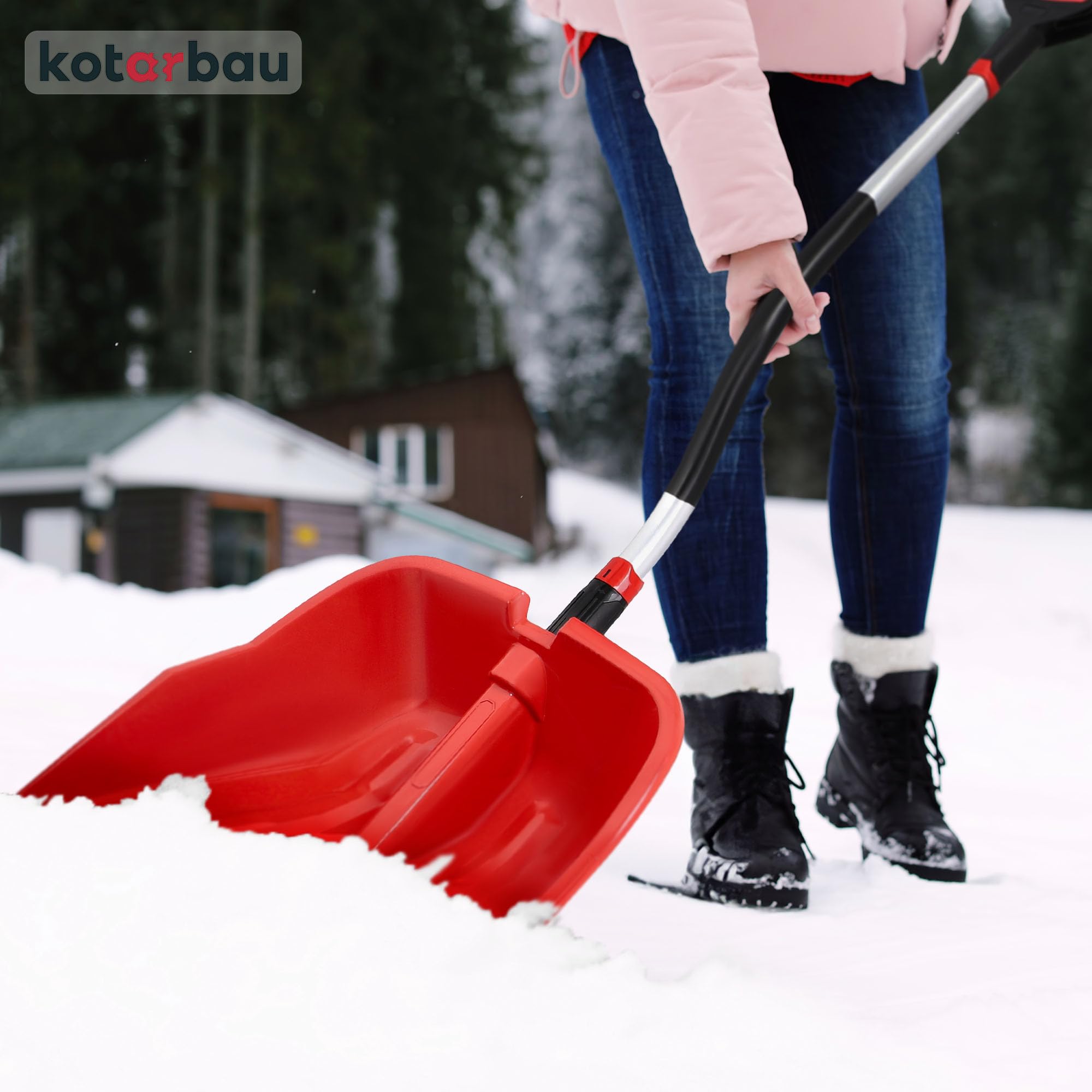 KOTARBAU® Pala da neve in plastica, 40 x 50 cm, con manico ergonomico, 144 cm, colore rosso, con attacco in alluminio, per la neve