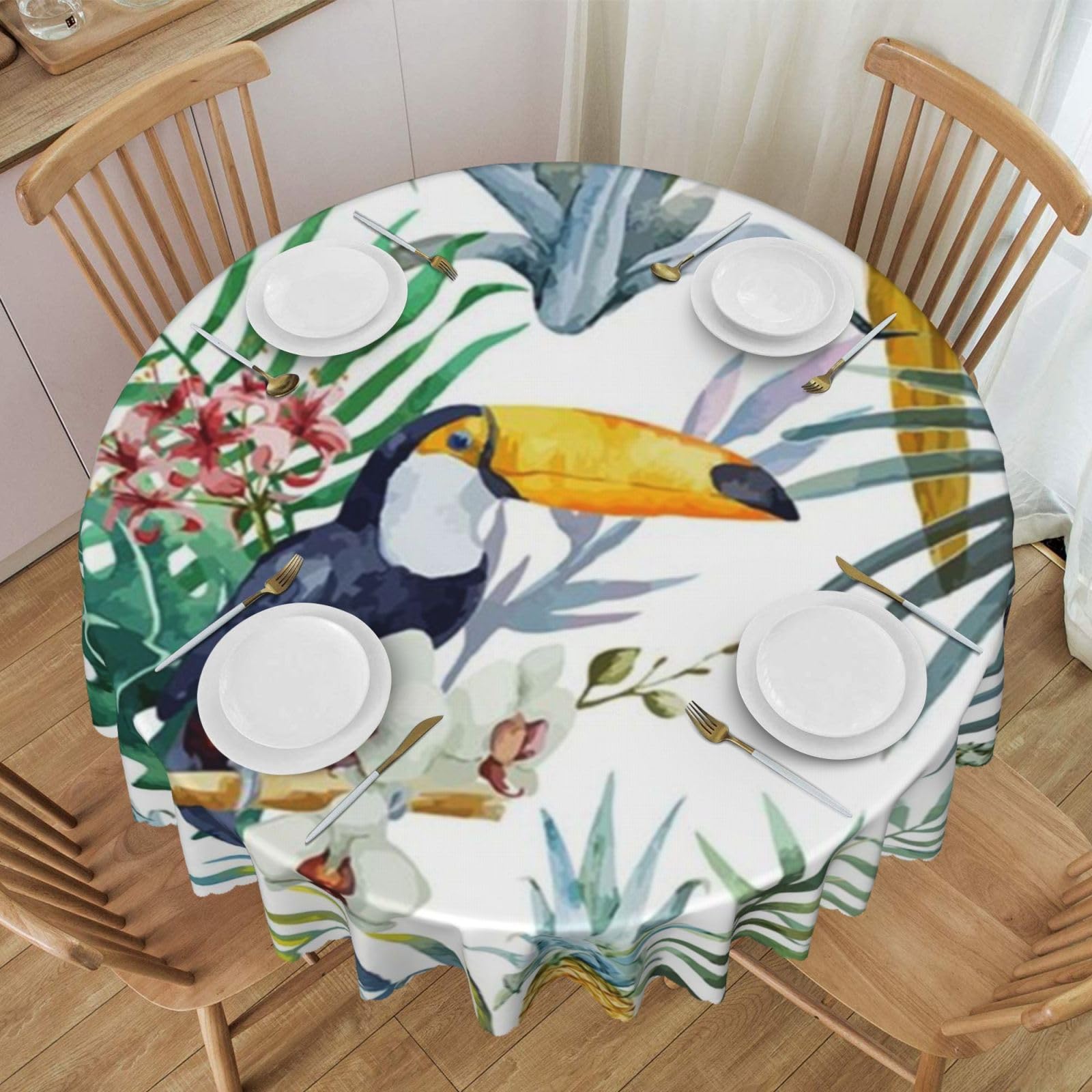 DCEHGEW 60 In Round Tablecloth with Lace, Tropical Leaves Bird Printed Oilproof & Washable Fabric Picnic Table Cloth Table Covers