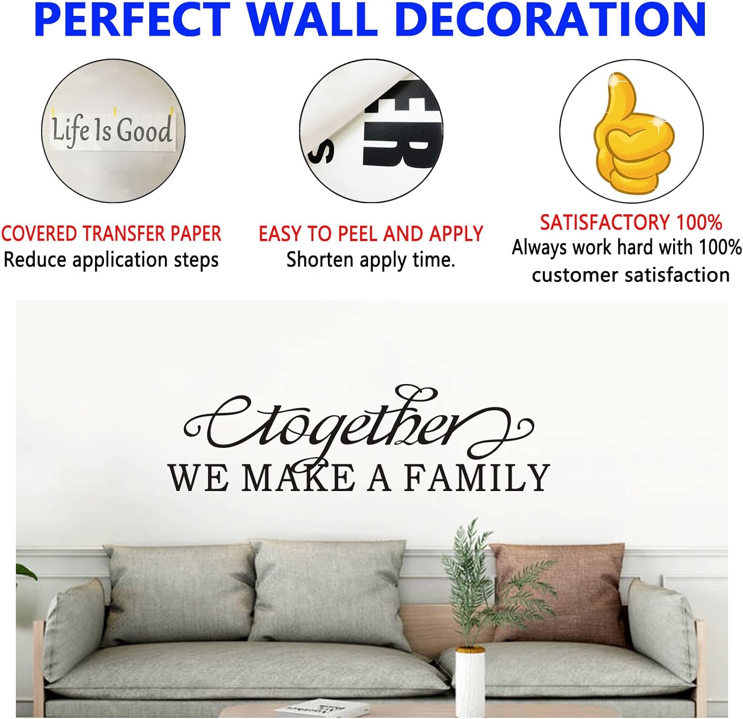 Family Wall Art, Family Wall Stickers, (Easy to Apply), Vinyl Wall Decor Art Living Room Bedroom Bathroom Dining Room, Inspirational Love Quotes Saying Sign Men Home, Together We Make A Family 25"X7"