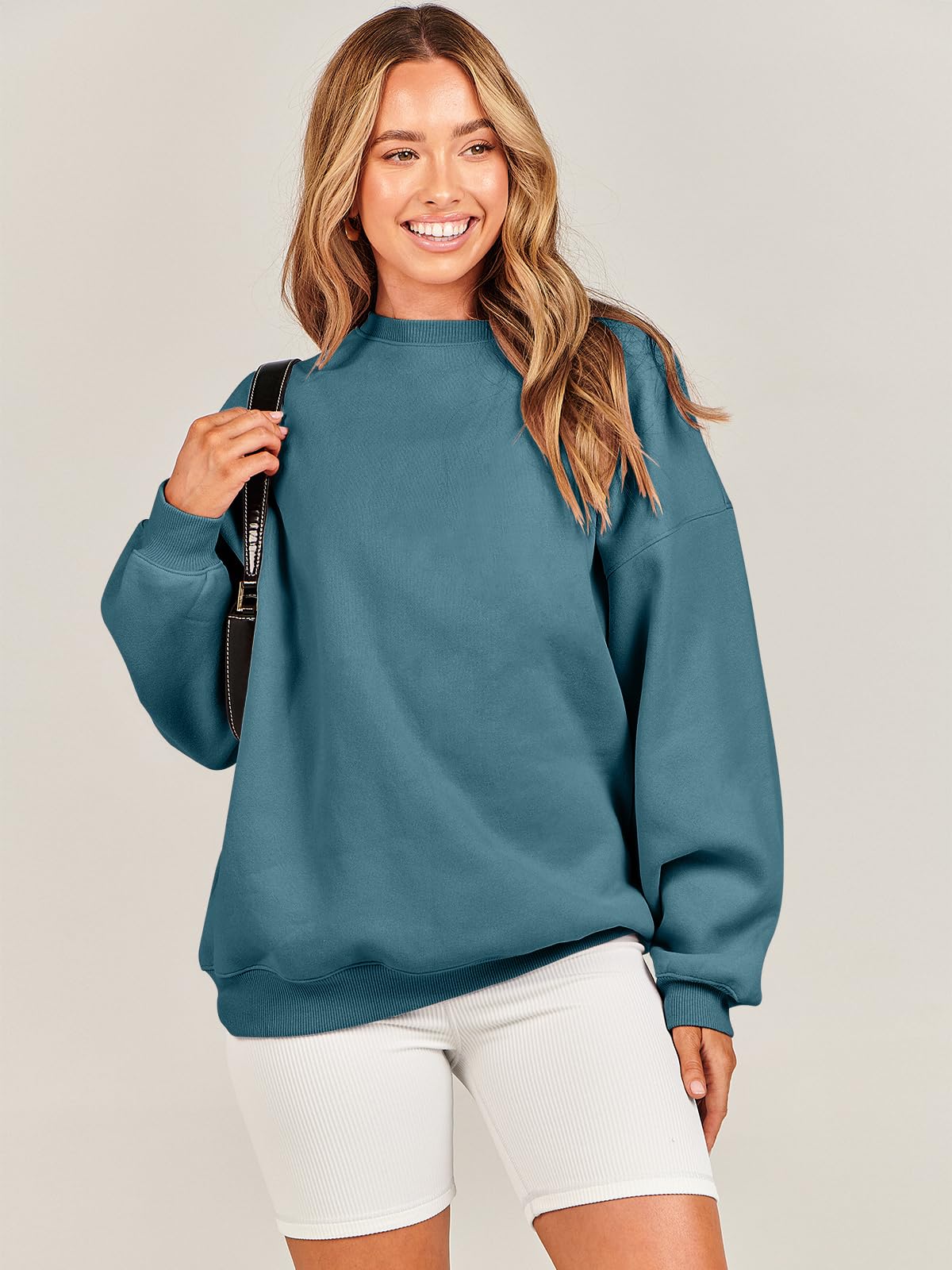 Damskie bluzy oversize bluzy z kapturem polar okrągły dekolt sweter top codzienne jesienne stroje preppy ubrania nastolatki 2024 A1019 światło, Jeden kolor, Lake Blue_XL