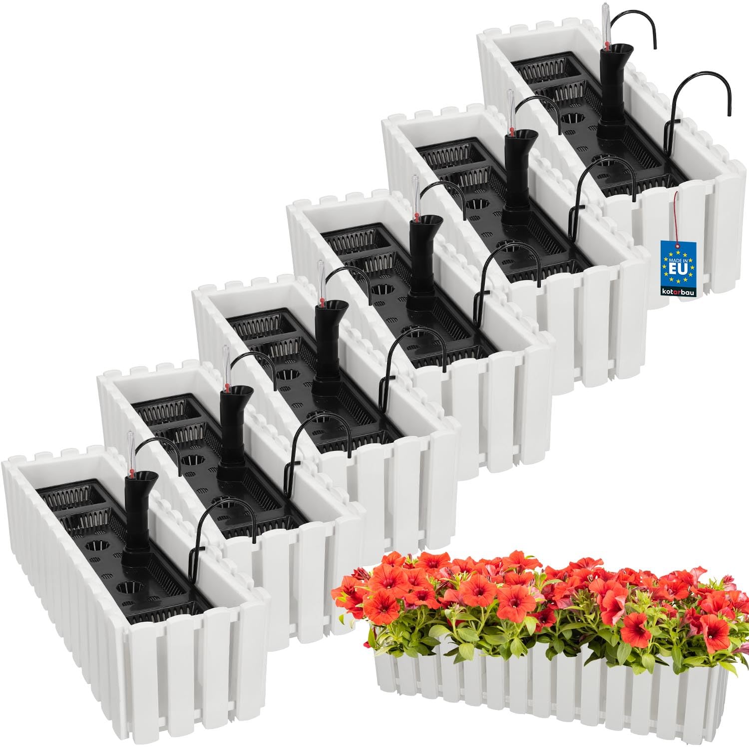 KOTARBAU® 6 uds Maceta - Jardinera Exterior - Macetero Autorriego - Macetas Plástico - 58 x 18 x 16 cm - Blanco - Maceta Colgante - Jardinera Balcon - Macetas para Colgar