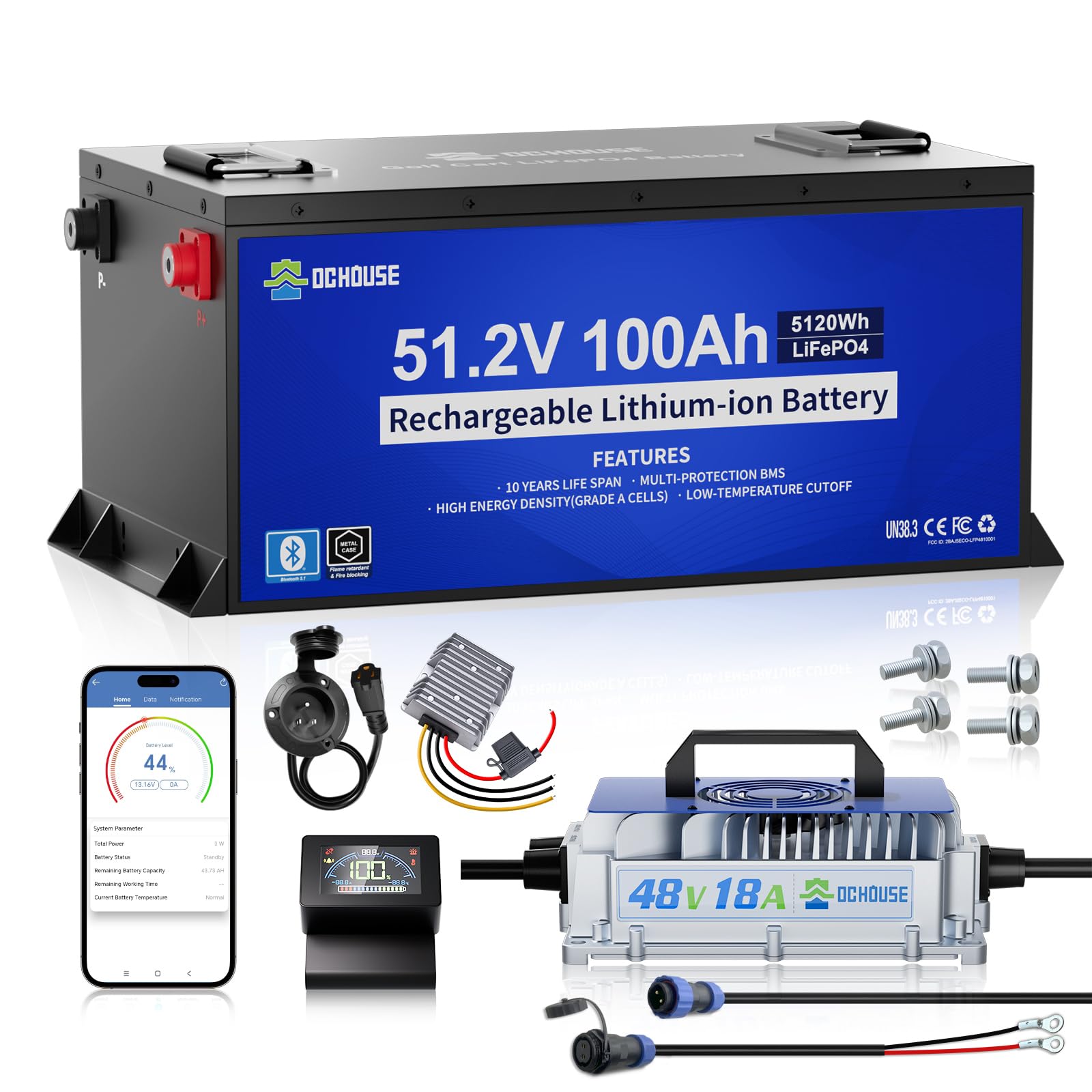 DC HOUSE Metal Case 48V 100Ah Lithium Golf Cart Battery Kit with 18A Charger