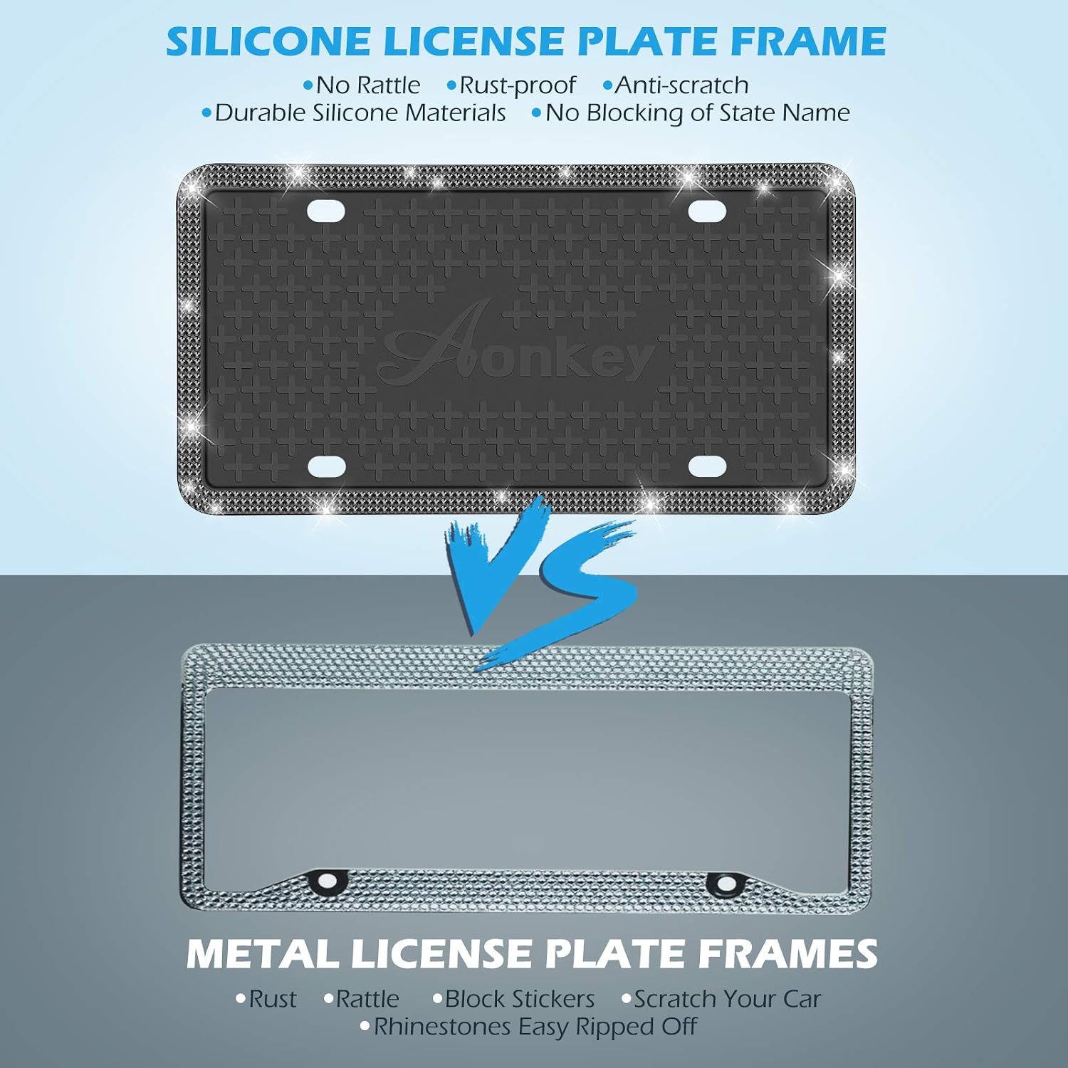 AONKEY Bling License Plate Frame, 2 Pack Black Silicone Diamond License Plate Frames for US Vehicles, Universal Rhinestones Car License Plate Holder, Rattle-Proof & Rust-Proof