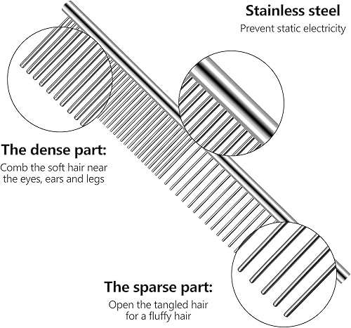Miniatura 4 de 3 peines para perros para aseo de mascotas, peine de acero inoxidable de metal para cabello enmarañado, peines guía para mascotas para eliminar