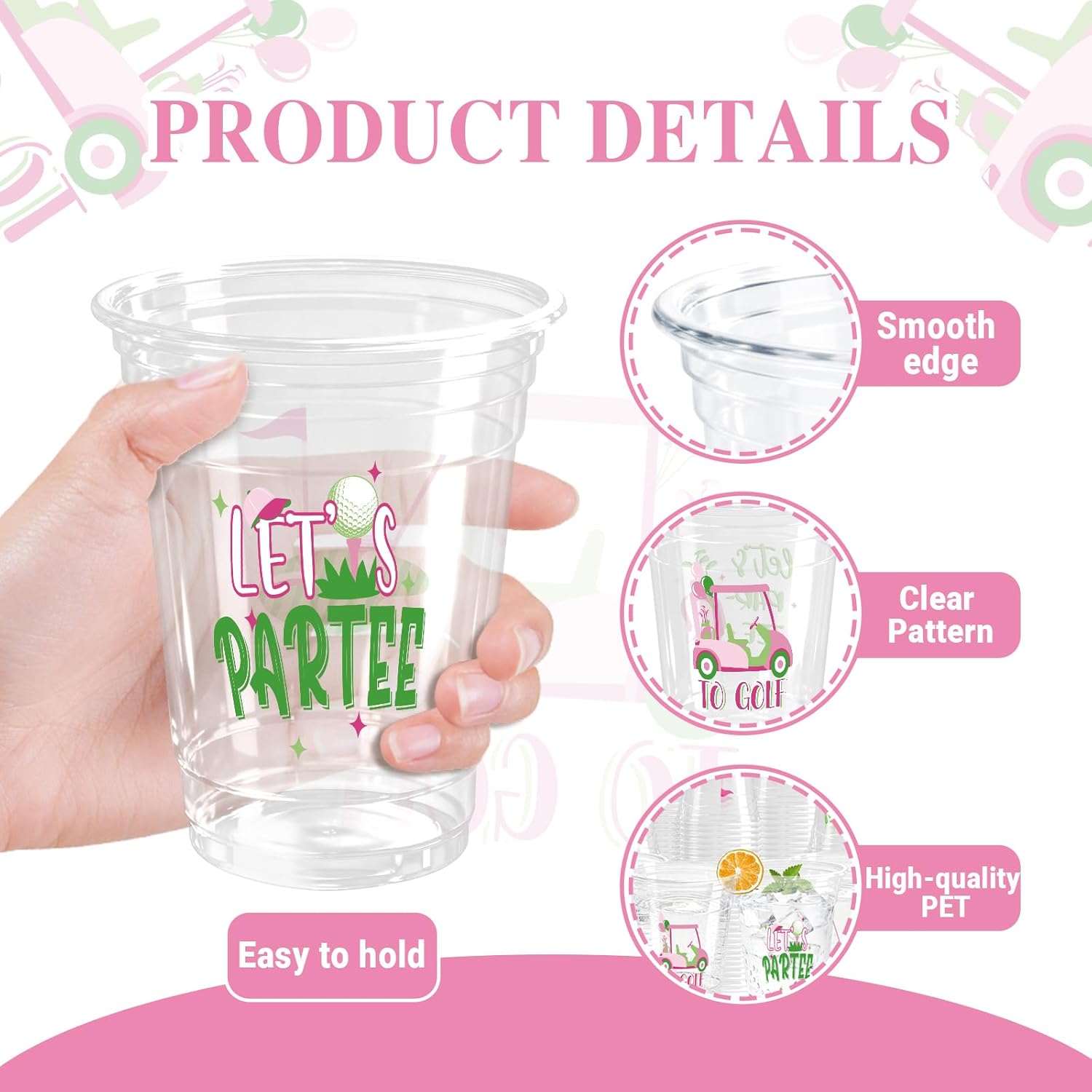 100 Pack Pink Golf Plastic Cups 12 oz Green Golf Ball Disposable Cups Spring Party Favor Drinking Cold Beverage Cup for Sports Birthday Party Supplies