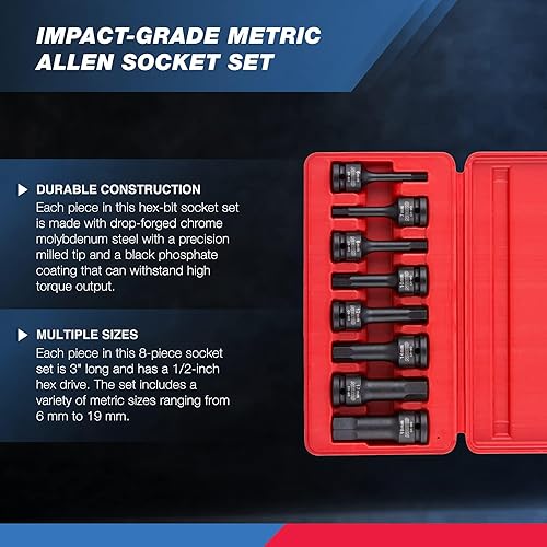 Miniatura 2 de Neiko 01136B - Juego de llaves de impacto hexagonal Allen de 12 pulgada, métricas, 6 mm - 19 mm, Cr-Mo, 8 piezas