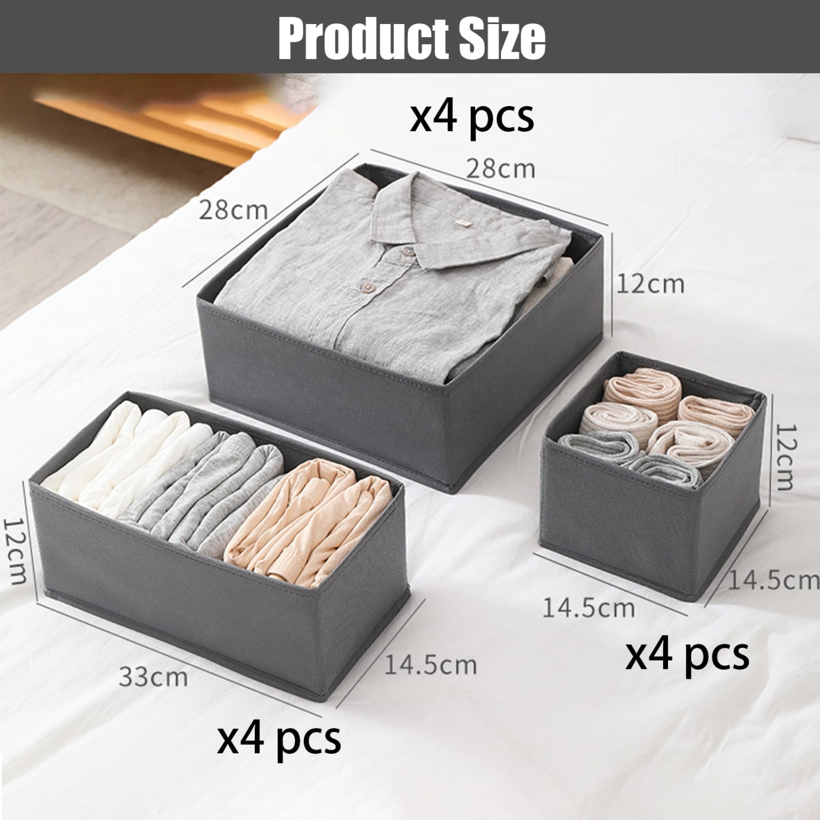 wintfarm Clothes Drawer Organisers, 12 Pack Folding Drawer Dividers, for Bedroom Fabric Underwear & Shirt Organiser (Dark Grey) - Image 2