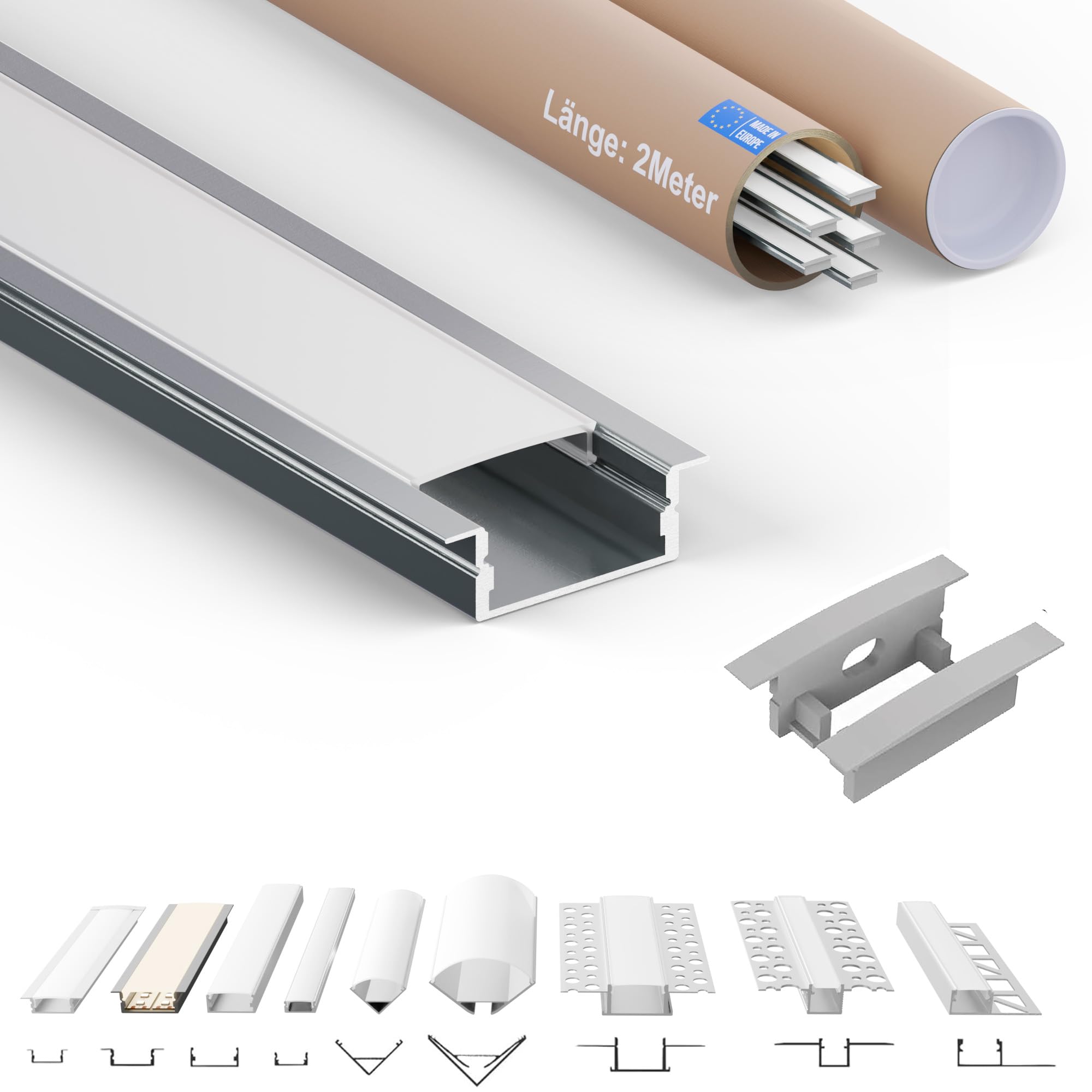 Tivendis Led Alu Profil 2 m EB Komplett Set für Strip/Streifen bis 20 mm breit | Abdeckung satiniert milchig, Endkappen | Einbau Fußleisten Flachprofil eloxiert 9er SET