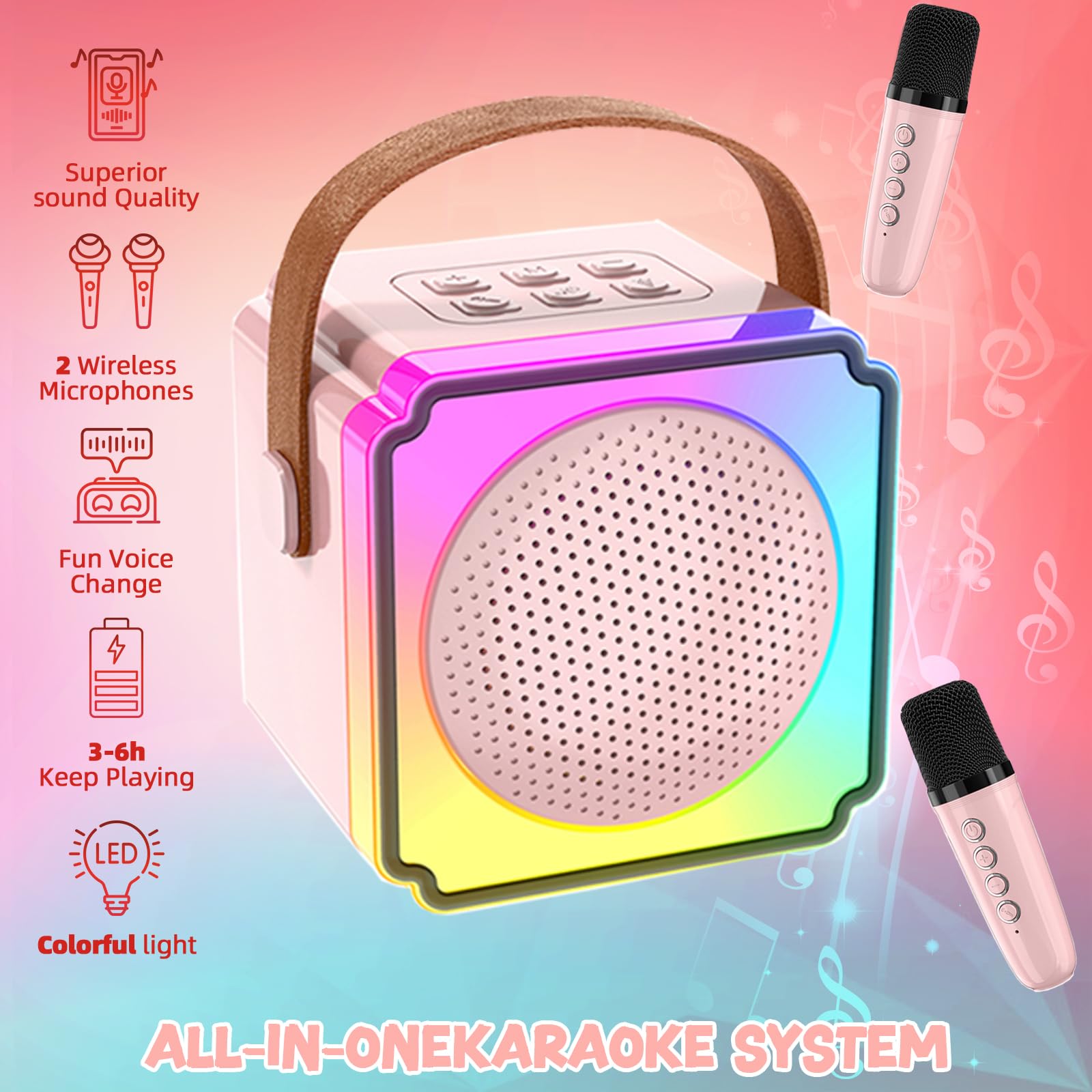EFAILY Karaoke Machine for Kids, Christmas Birthday Gifts Toys Portable Bluetooth Speaker with 2 Wireless Microphones, Mini Karaoke Machine with LED Light for 4-12+ Years Old (Pink)