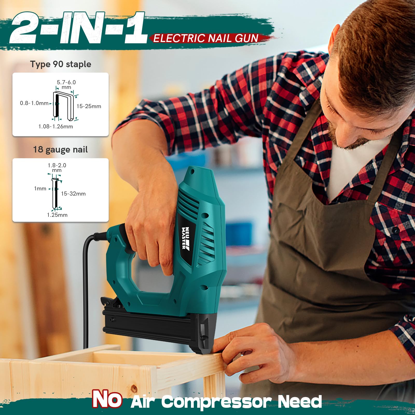 NEU MASTER Electric Nail Gun/Staple Gun,Brad Nailer for Upholstery Carpentry & Woodworking Projects - Image 2