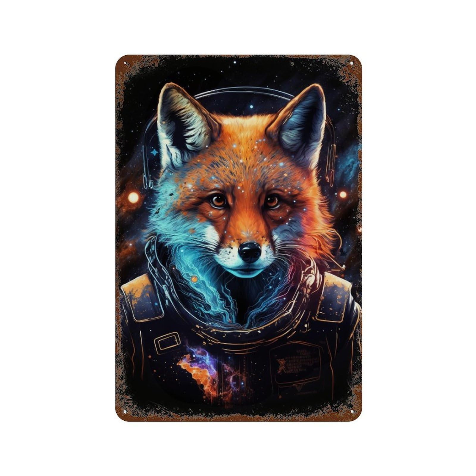 Cosmic Fox Astronaut Art Print-2 Weathered Tin Sign 11.8"x7.9", Decorative Metal Wall Art for Garage, Bar And Workshop Decor