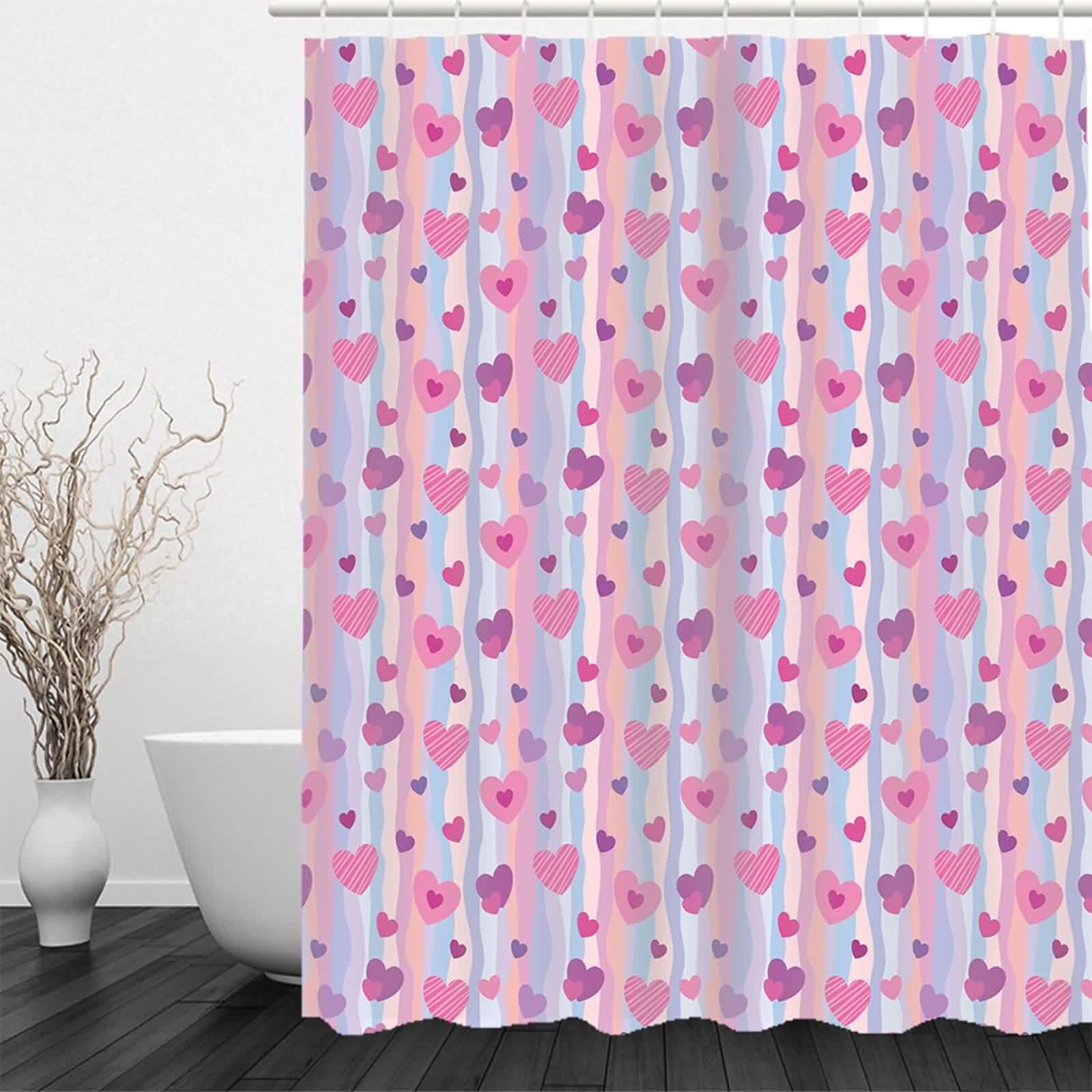 Rideau Douche Extensible Rideaux Tissu Coeur d'amour Anneau Grand Japonnisant Polyester Imperméable, Anti-Moisissure, Facile À Nettoyer 220x180cm