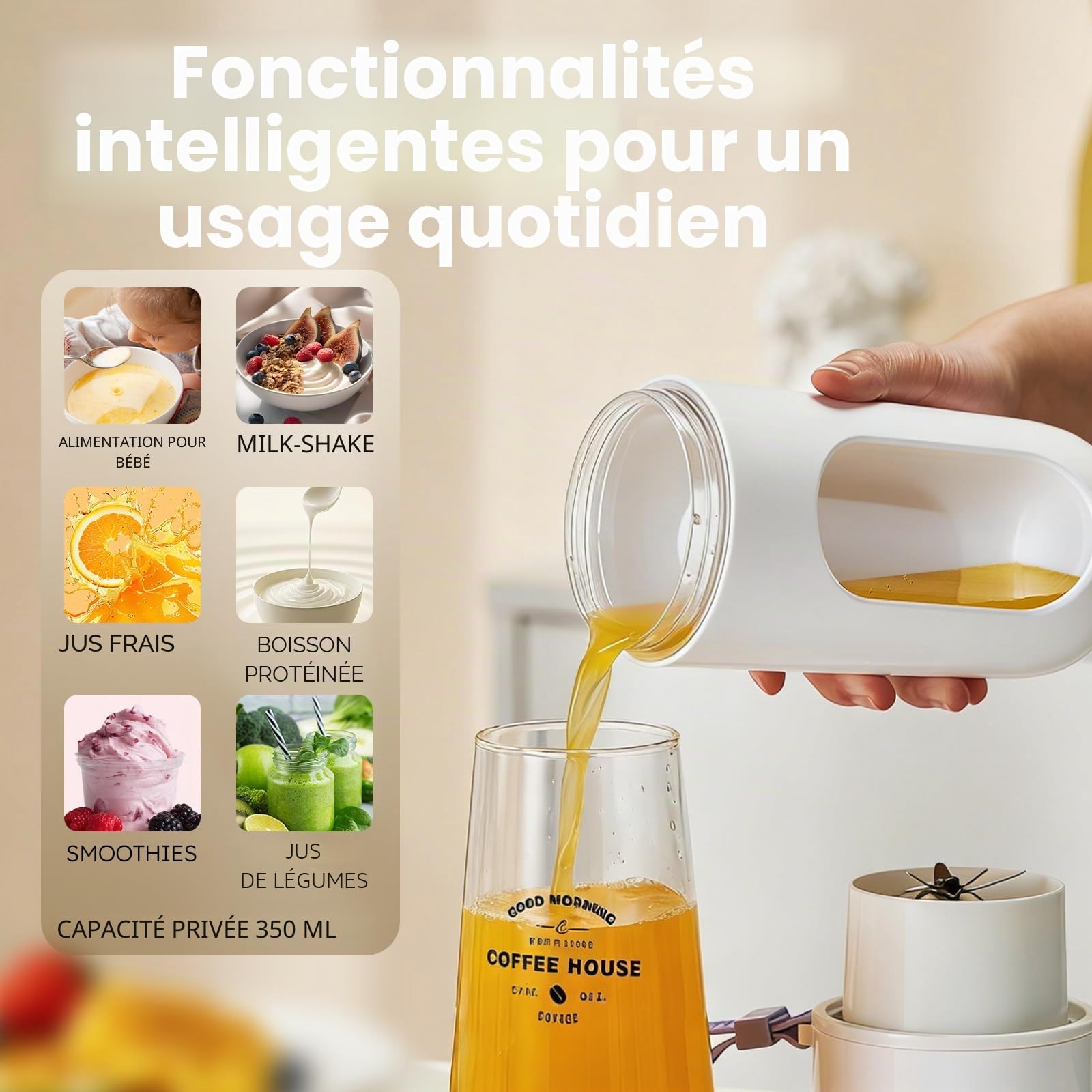 JTF Mixeur Portable pour Shakes et Smoothies,340ml Mini Blender avec 12 Lames en Acier Inoxydable,Mixeur Sans Fil et Rechargeable par Type-C,pour Maison, Bureau, Extérieur, Sports et Voyages (Violet)