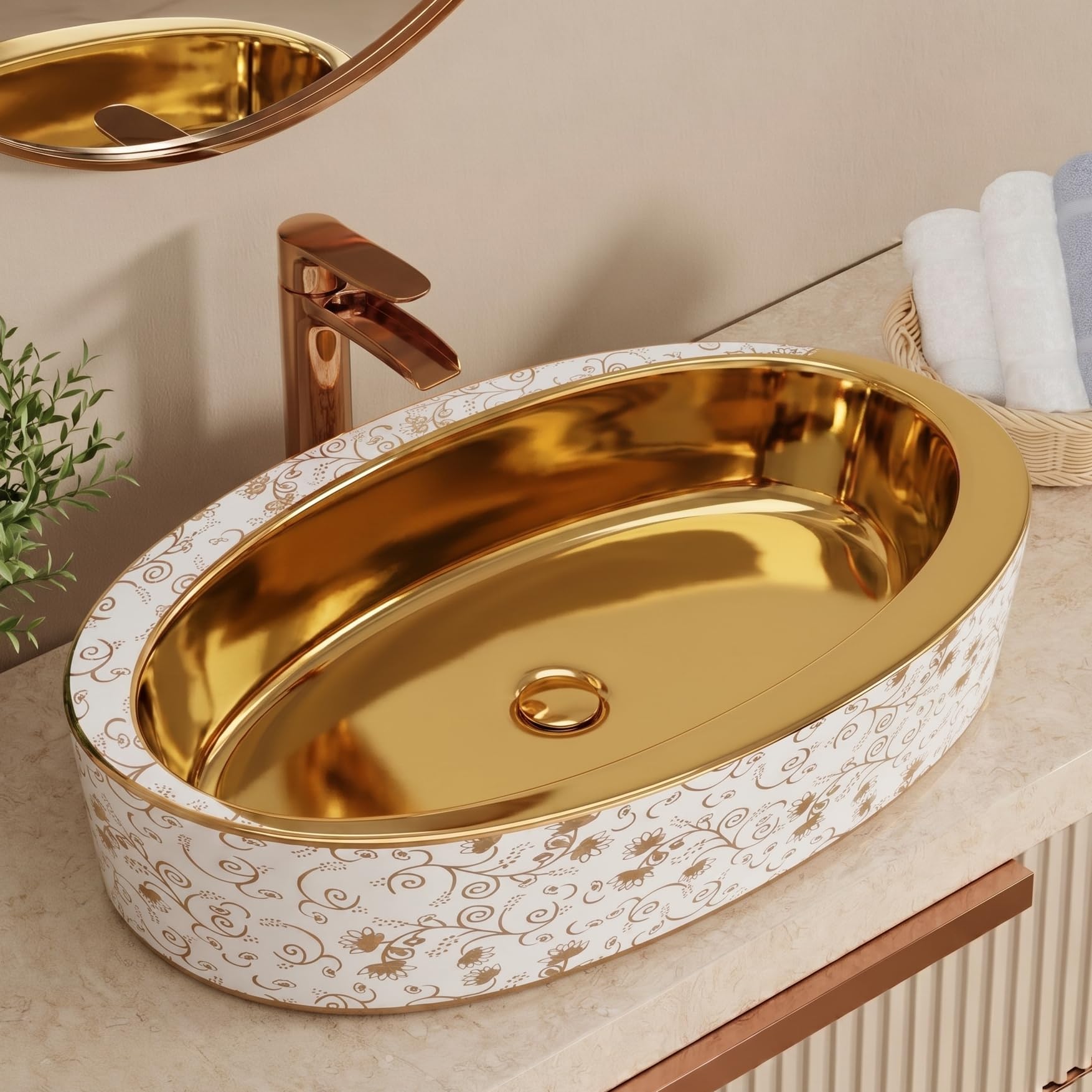 BASSINO Table Top Wash Basin - White & Rose Gold -15