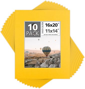 Mat Board Center, Pack of 10, 16x20 for 11x14 Photo Picture Mats - Acid Free, 4-ply Thickness, White Core - for Pictures, Photos, Framing, Deep Yellow