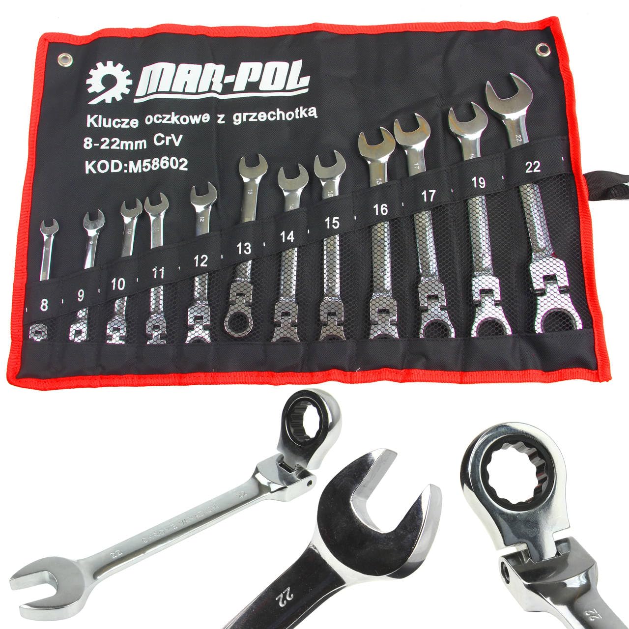 IMJ-Global Set Chiavi Combinate a Cricchetto Forchetta | 12 Pezzi | Reversibili | Snodate | 8-22 mm | 72 Denti | Passo 5° | in Acciaio CrV | con Custodia