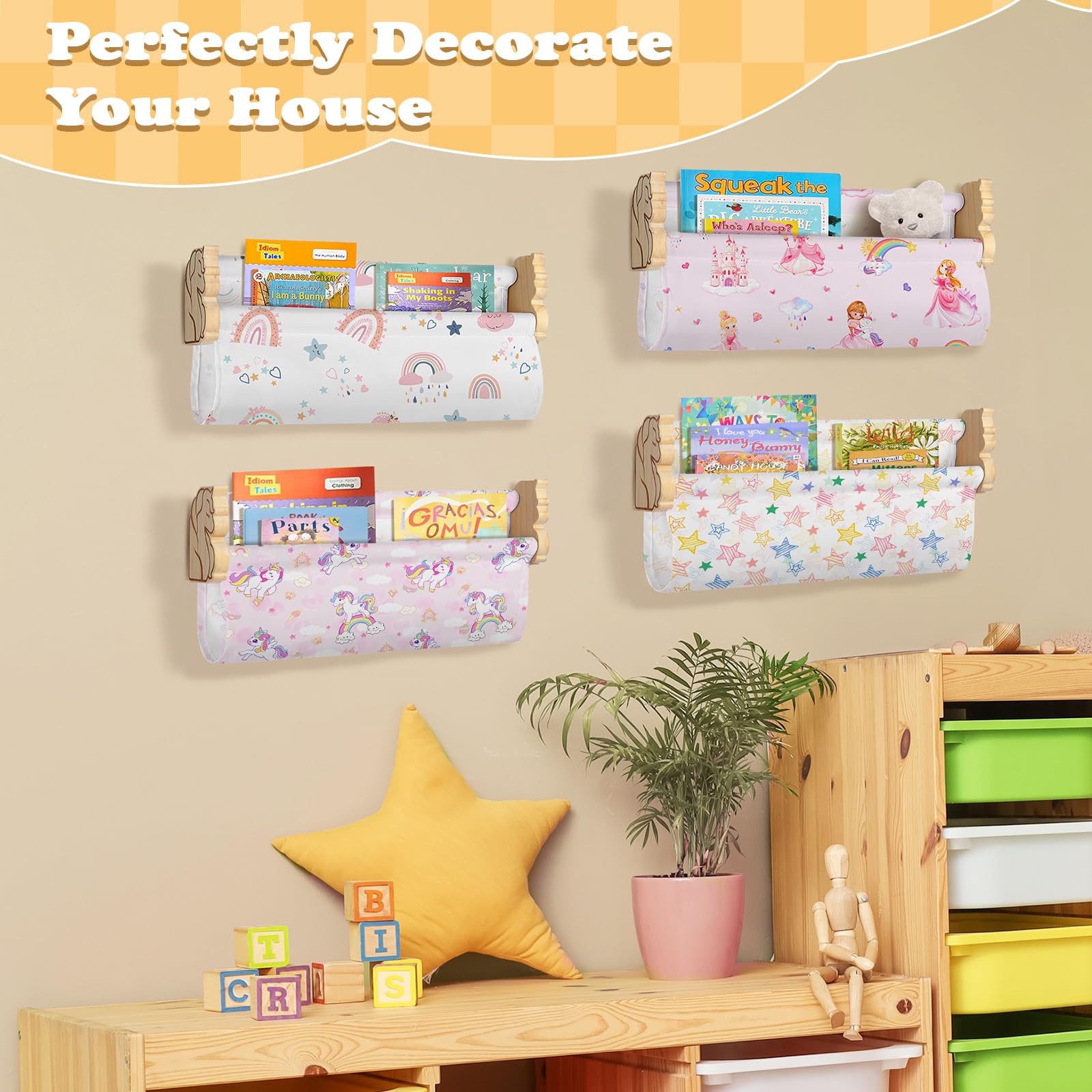 Decalsweet Kids Bookshelf,Set of 4 Floating Book Shelves for Wall,Wooden Book Shelf for Kids Room Classroom Nursery Decor,Gift for Girls Toddler Children,Unicorn - Image 4